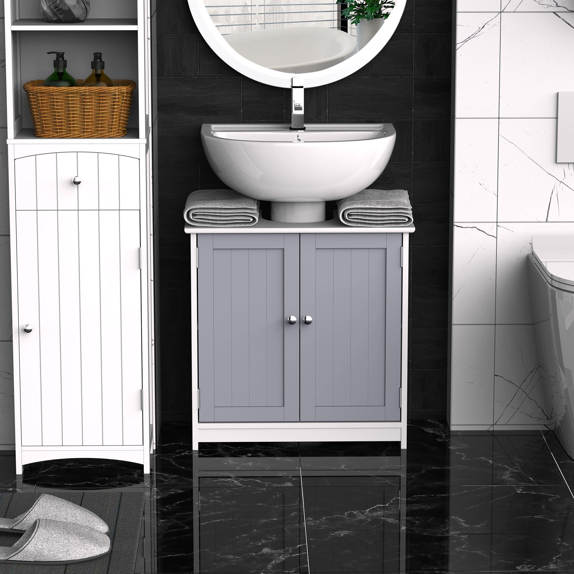 Easycomfort Mobile Sotto Lavabo Bagno with Taglio a U, Armadietto 2 Ante with Mensola Regolabile in MDF, 60x30x60cm white Grigio