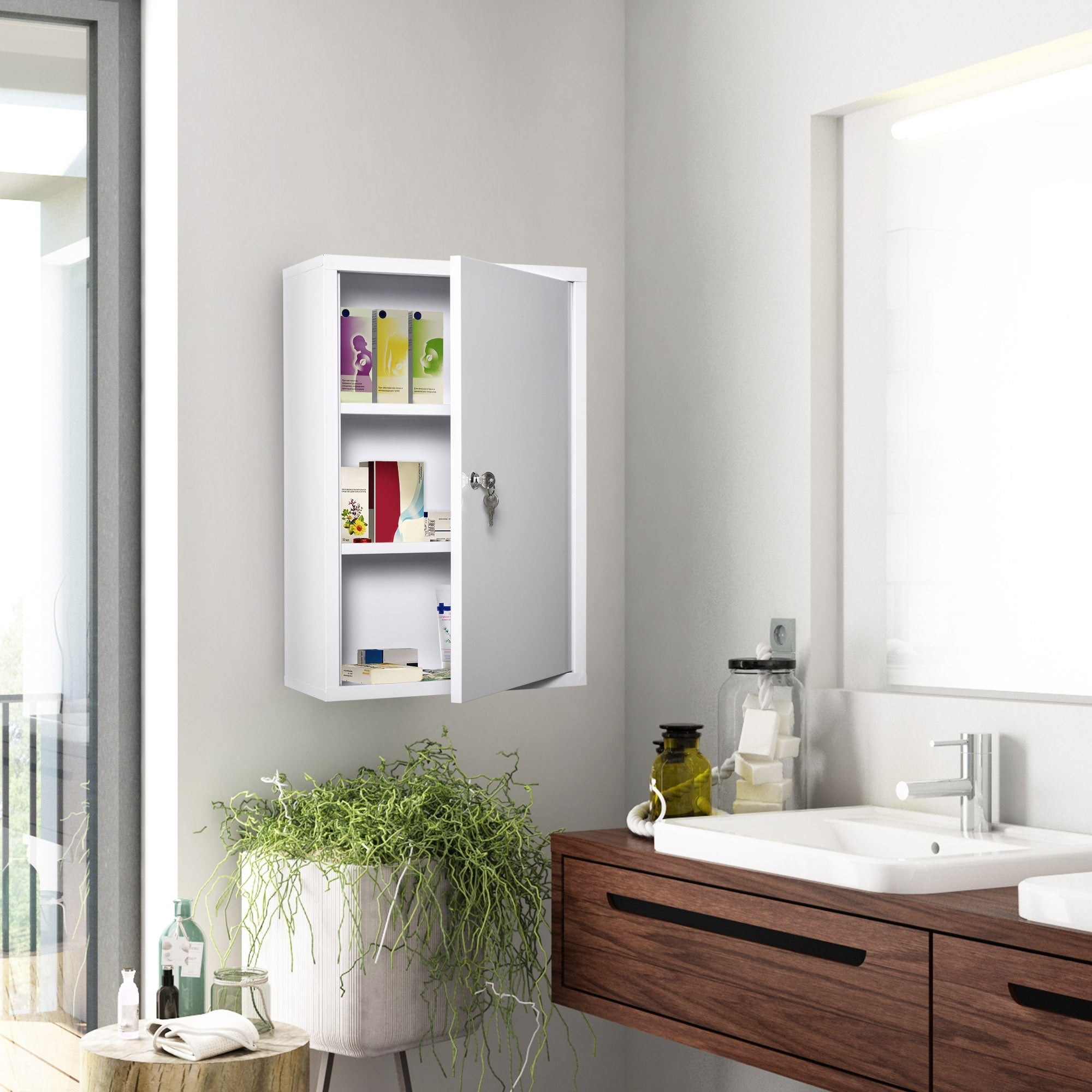 Easycomfort Armadietto Medicinali a 3 Livelli in Acciaio with 2 Chiavi e Montaggio wall-mounted, 40x18x60 cm, white