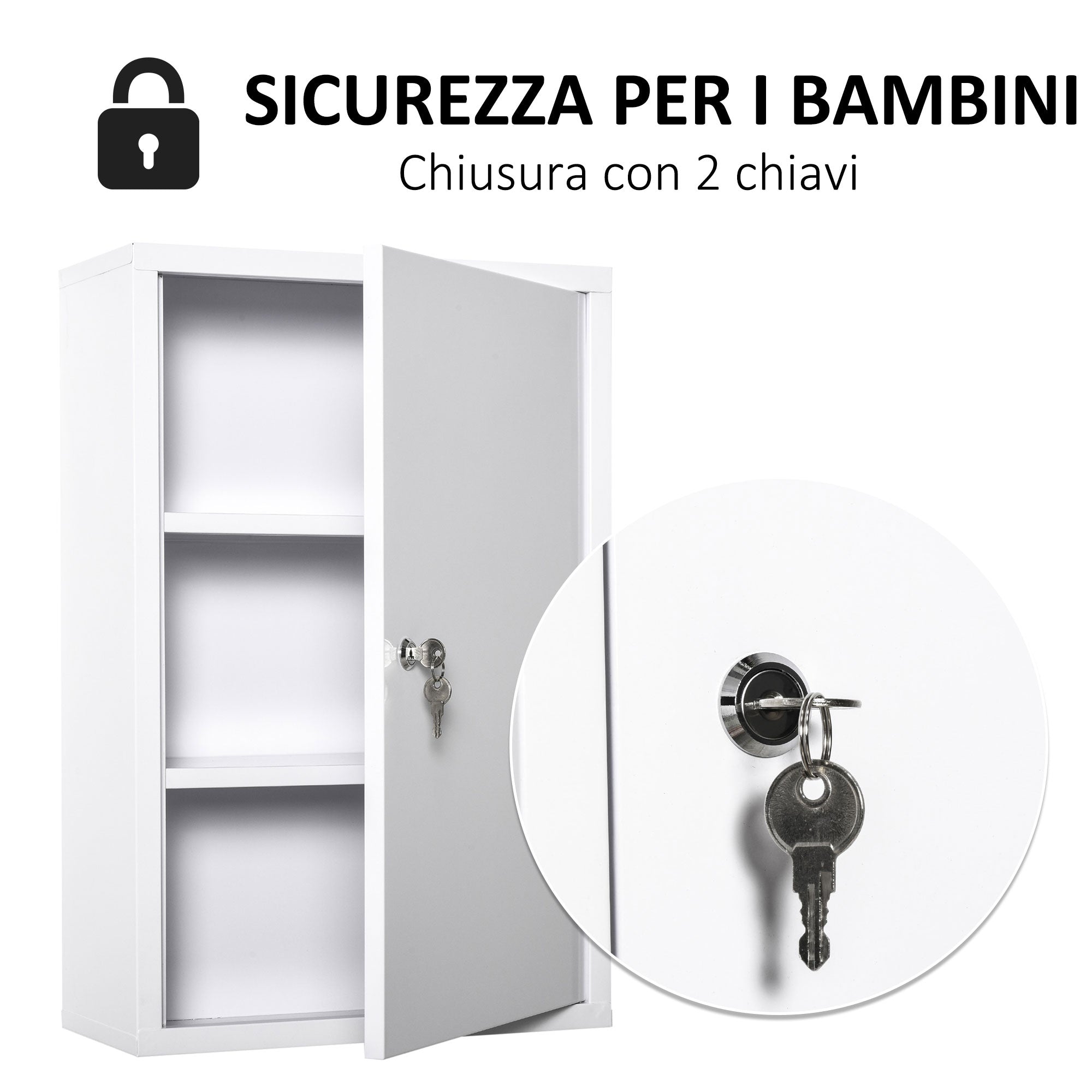 Easycomfort Armadietto Medicinali a 3 Livelli in Acciaio with 2 Chiavi e Montaggio wall-mounted, 40x18x60 cm, white