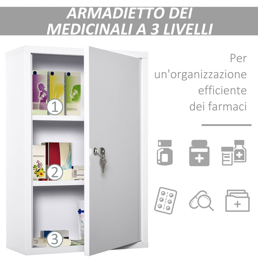 Easycomfort Armadietto Medicinali a 3 Livelli in Acciaio with 2 Chiavi e Montaggio wall-mounted, 40x18x60 cm, white