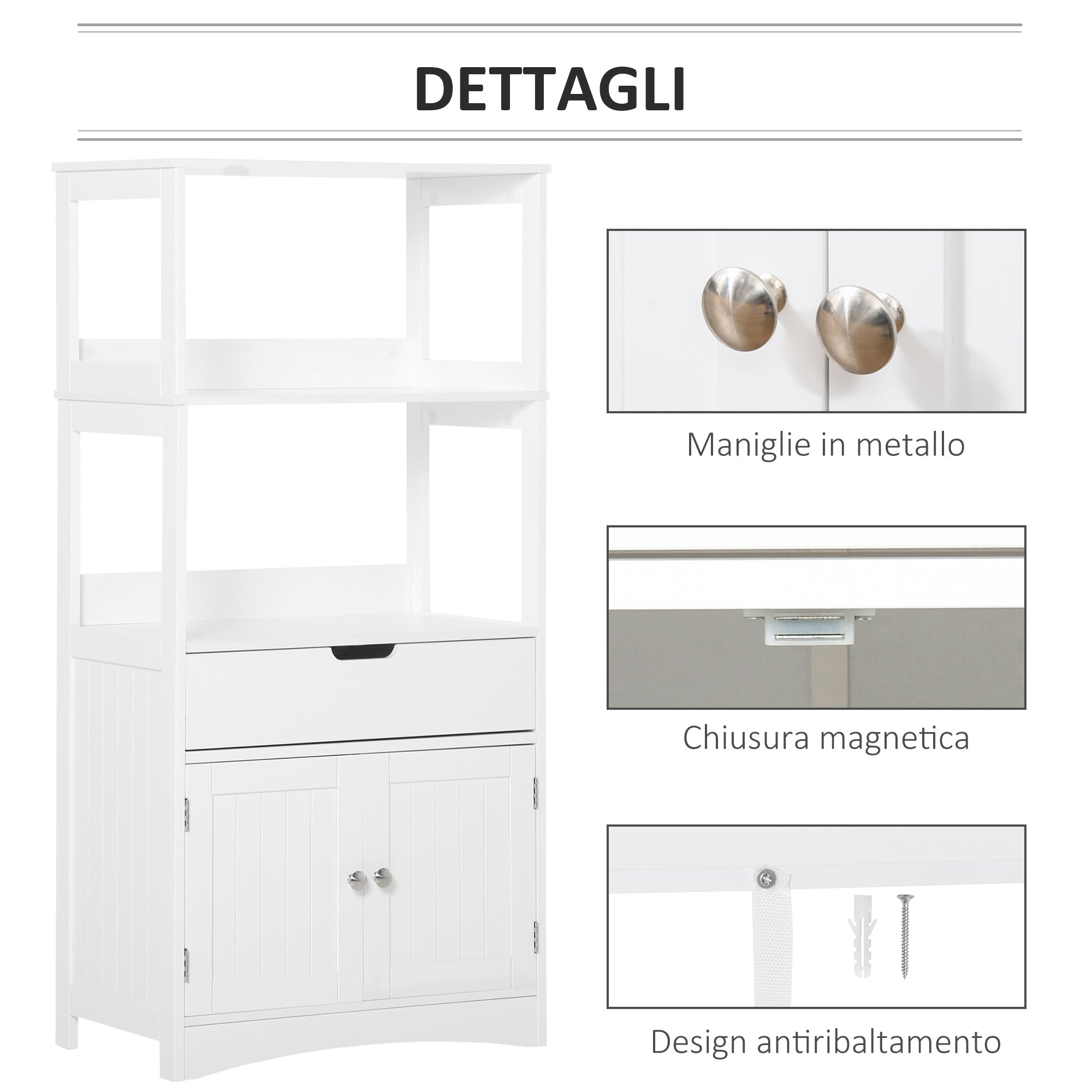 Easycomfort Mobile Bagno with Mensole, Armadietto e Cassetto, Mobiletto Multiuso in Legno, white, 60x33x122.5cm