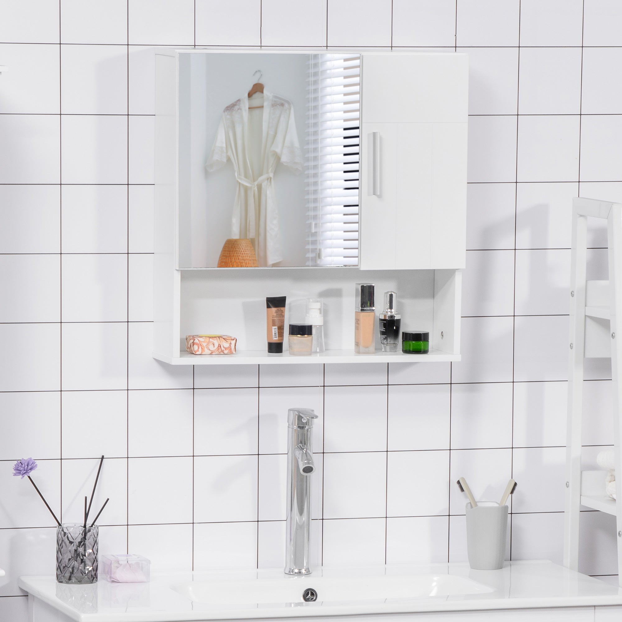 Easycomfort Armadietto Specchiera Pensile da Bagno in Legno with Mensole Regolabili, Mobile Bagno a 2 Ante e Ripiano Aperto, 54x15.2x55.3cm, white