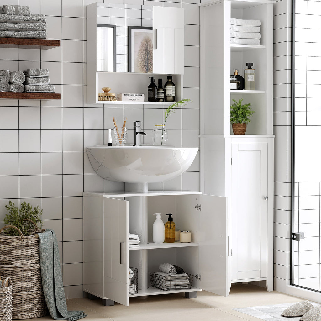 Easycomfort Armadietto Specchiera Pensile da Bagno in Legno with Mensole Regolabili, Mobile Bagno a 2 Ante e Ripiano Aperto, 54x15.2x55.3cm, white