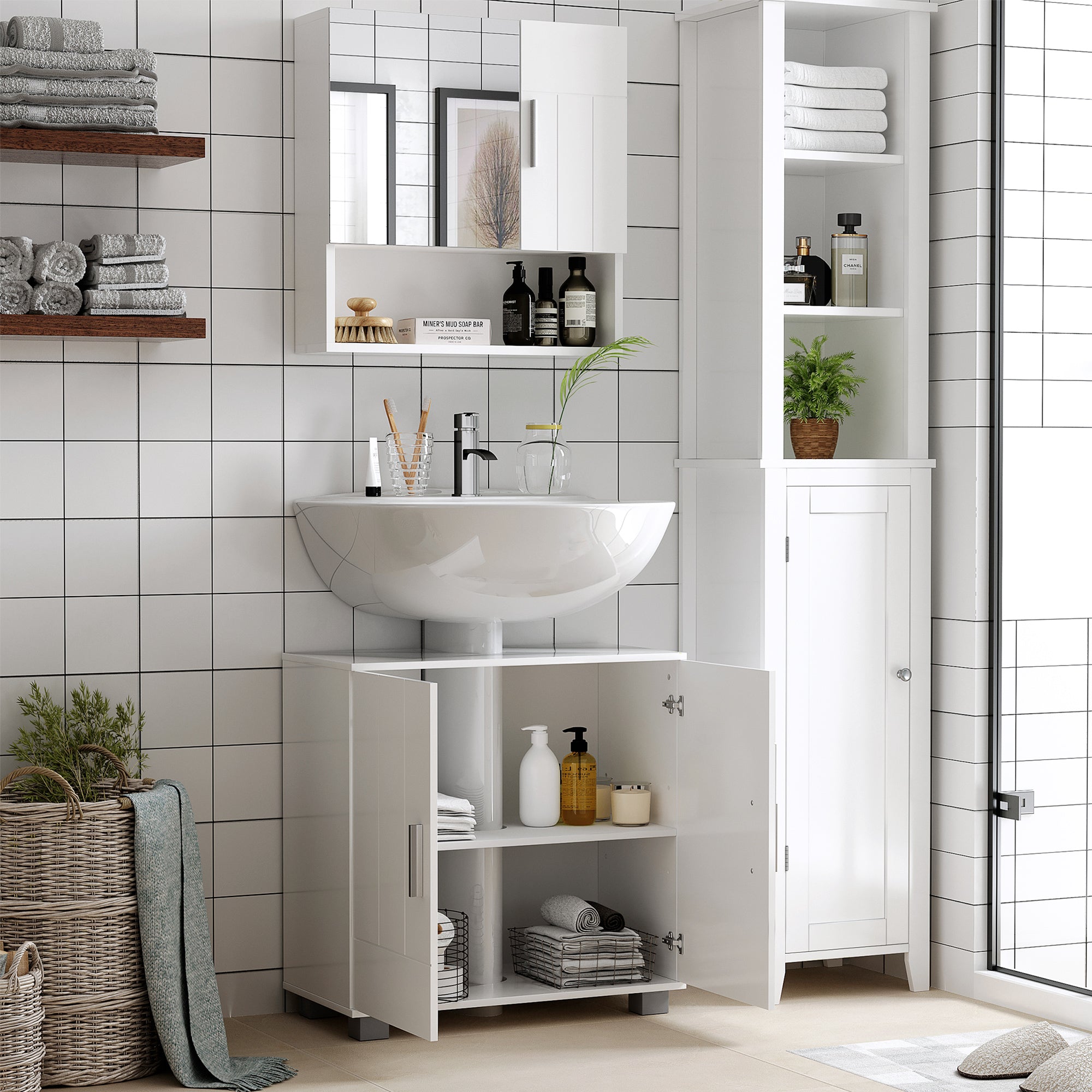 Easycomfort Armadietto Specchiera Pensile da Bagno in Legno with Mensole Regolabili, Mobile Bagno a 2 Ante e Ripiano Aperto, 54x15.2x55.3cm, white