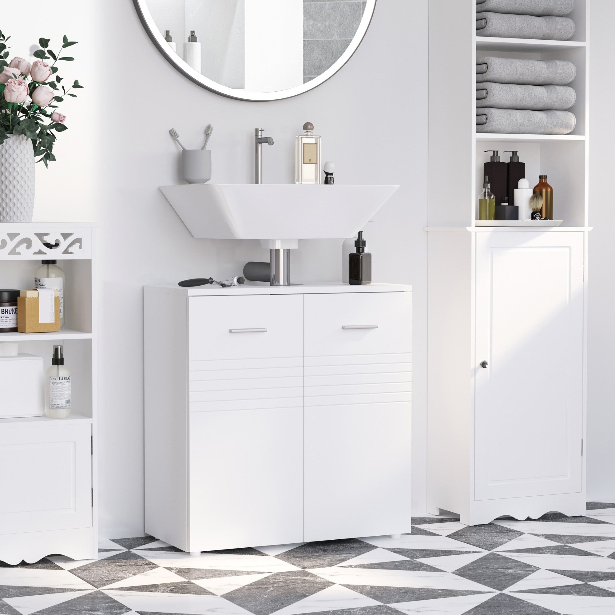 Easycomfort Mobile Sottolavabo per Bagno a 2 Ante, Armadietto Salvaspazio per Lavandino in Legno with Mensola Regolabile, white