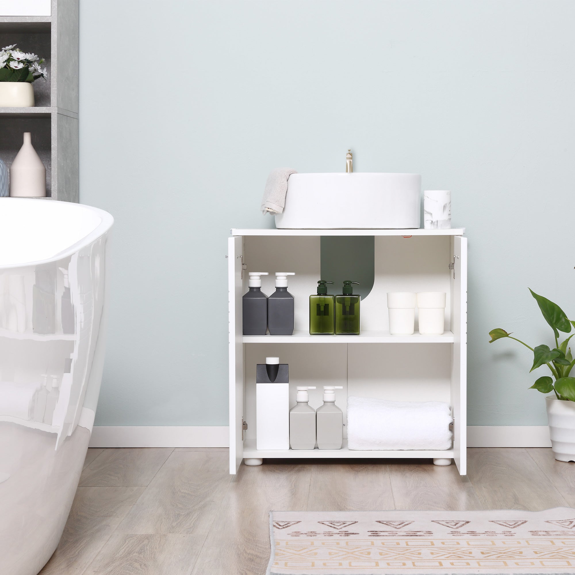 Easycomfort Mobile Sottolavabo per Bagno a 2 Ante, Armadietto Salvaspazio per Lavandino in Legno with Mensola Regolabile, white