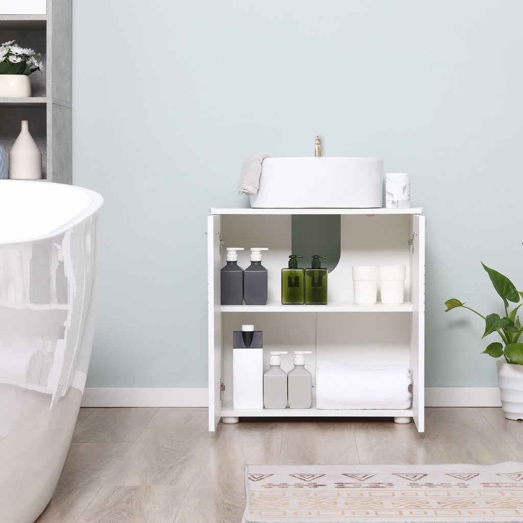 Easycomfort Mobile Sottolavabo per Bagno a 2 Ante, Armadietto Salvaspazio per Lavandino in Legno with Mensola Regolabile, white