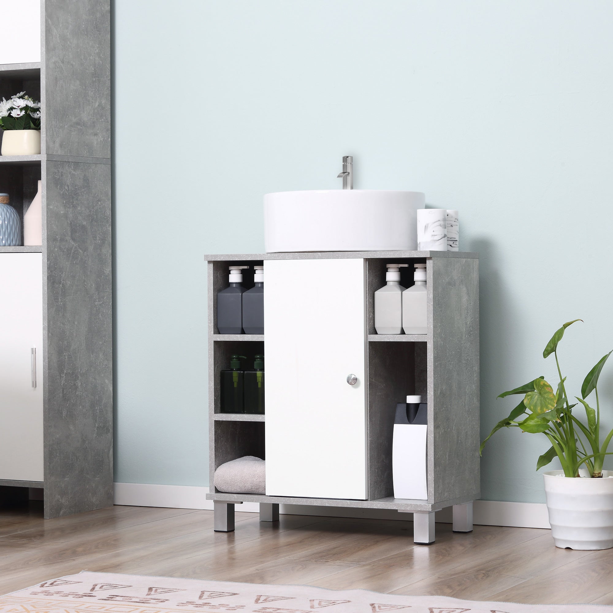 Easycomfort Mobiletto Sottolavandino with Intaglio a U e 6 Ripiani in Legno, 60x30x68cm - white, Grigio