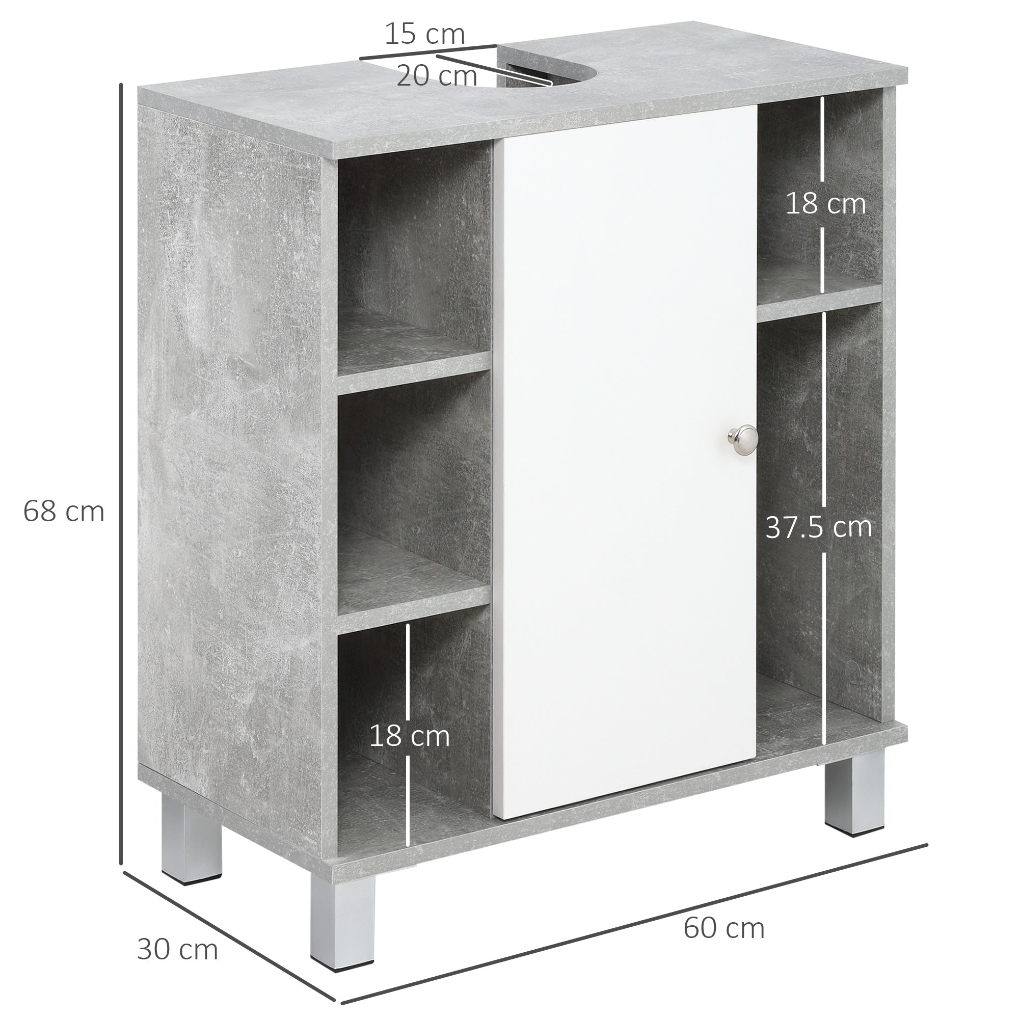 Easycomfort Mobiletto Sottolavandino with Intaglio a U e 6 Ripiani in Legno, 60x30x68cm - white, Grigio