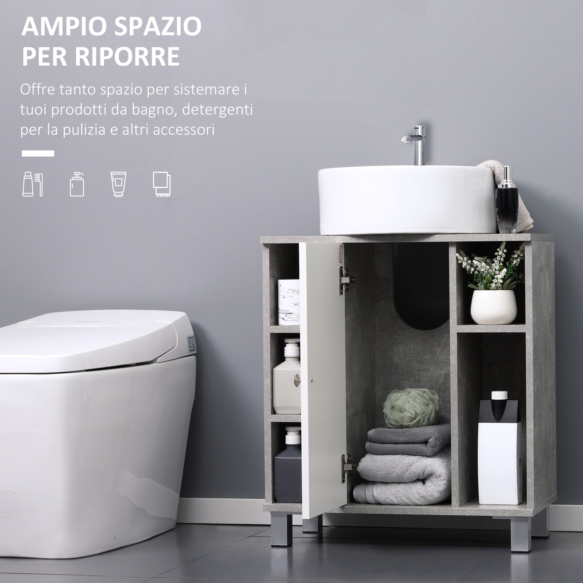 Easycomfort Mobiletto Sottolavandino with Intaglio a U e 6 Ripiani in Legno, 60x30x68cm - white, Grigio