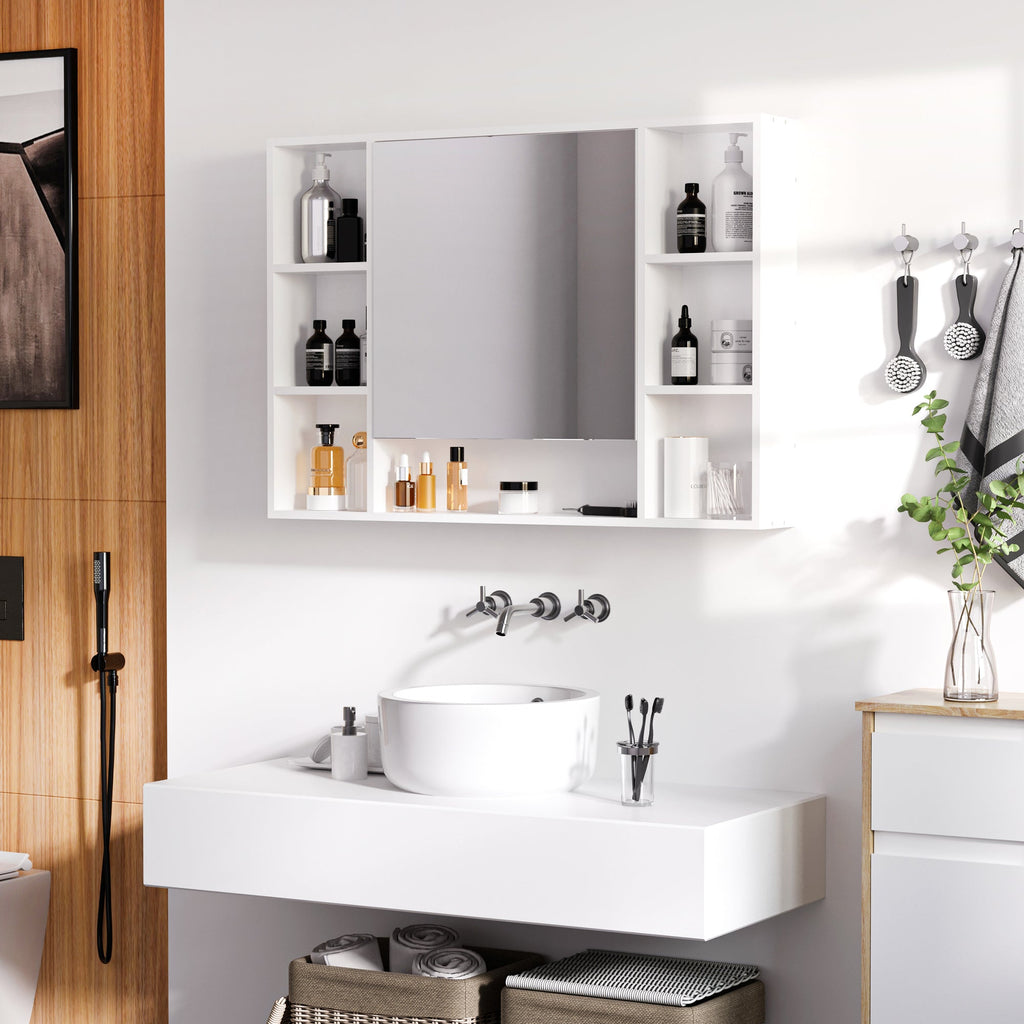 Easycomfort Specchiera Bagno with Mensole Aperte e Armadietto with Anta Specchiata, Mobiletto Bagno Salvaspazio white, 100x15x70cm