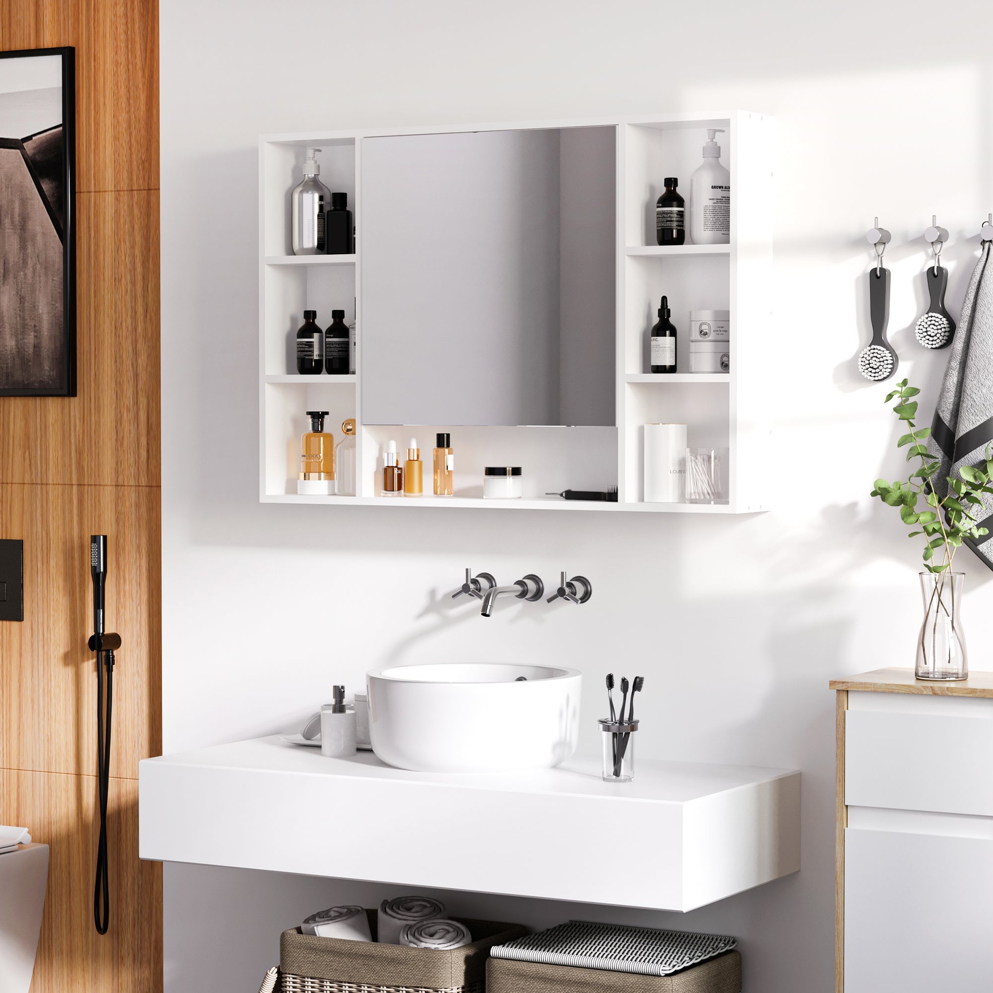 Easycomfort Specchiera Bagno with Mensole Aperte e Armadietto with Anta Specchiata, Mobiletto Bagno Salvaspazio white, 100x15x70cm