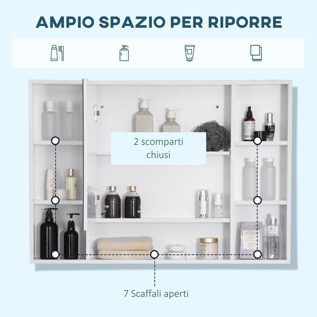 Easycomfort Specchiera Bagno with Mensole Aperte e Armadietto with Anta Specchiata, Mobiletto Bagno Salvaspazio white, 100x15x70cm