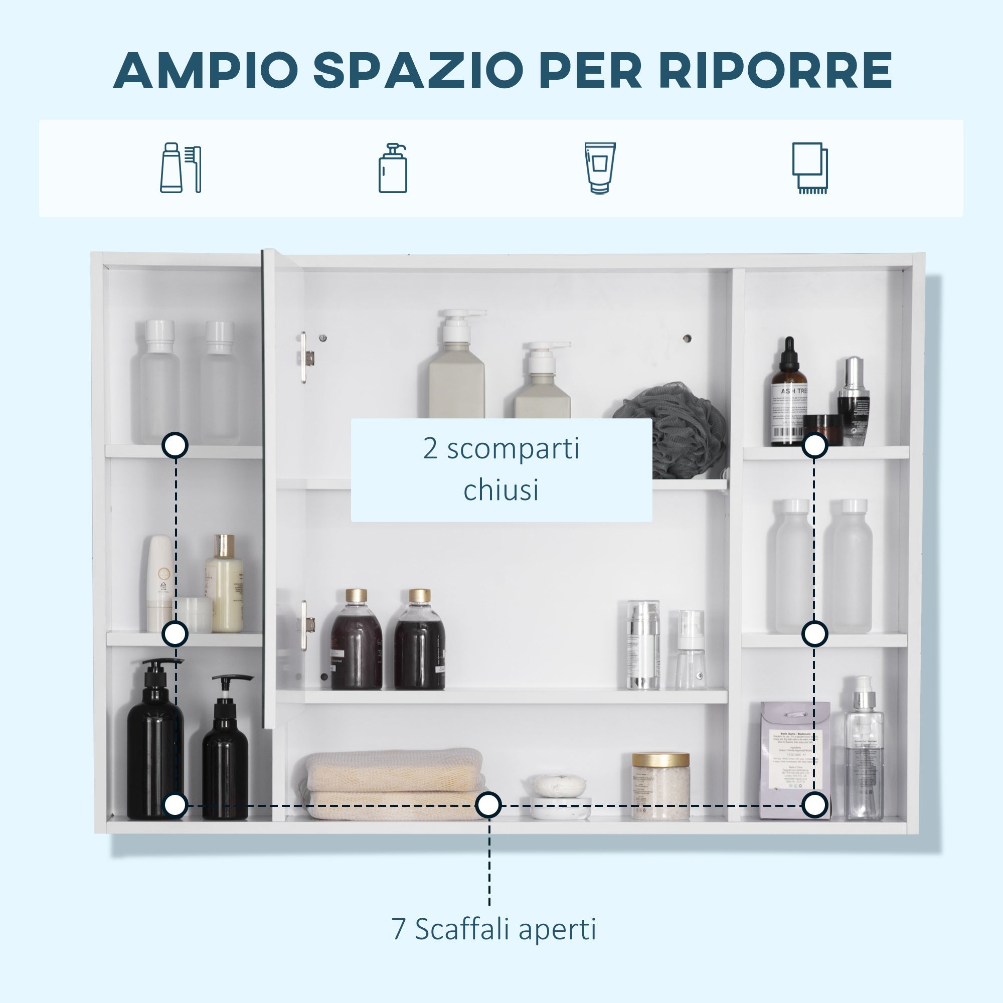 Easycomfort Specchiera Bagno with Mensole Aperte e Armadietto with Anta Specchiata, Mobiletto Bagno Salvaspazio white, 100x15x70cm