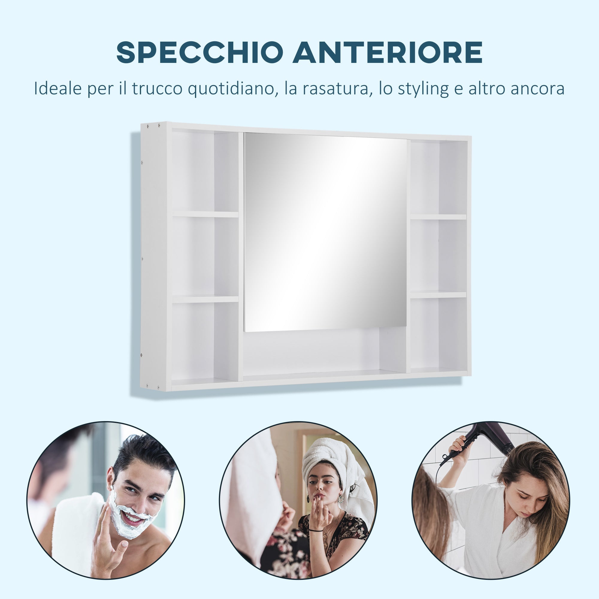 Easycomfort Specchiera Bagno with Mensole Aperte e Armadietto with Anta Specchiata, Mobiletto Bagno Salvaspazio white, 100x15x70cm