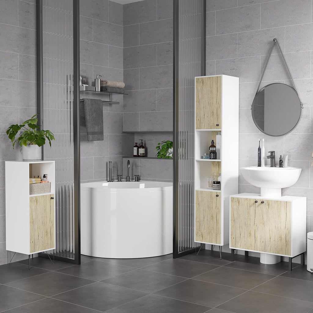 Easycomfort Mobile Bagno with Ripiano Aperto e Armadietto with Anta in Legno, 31.5x30x91cm, Quercia e white