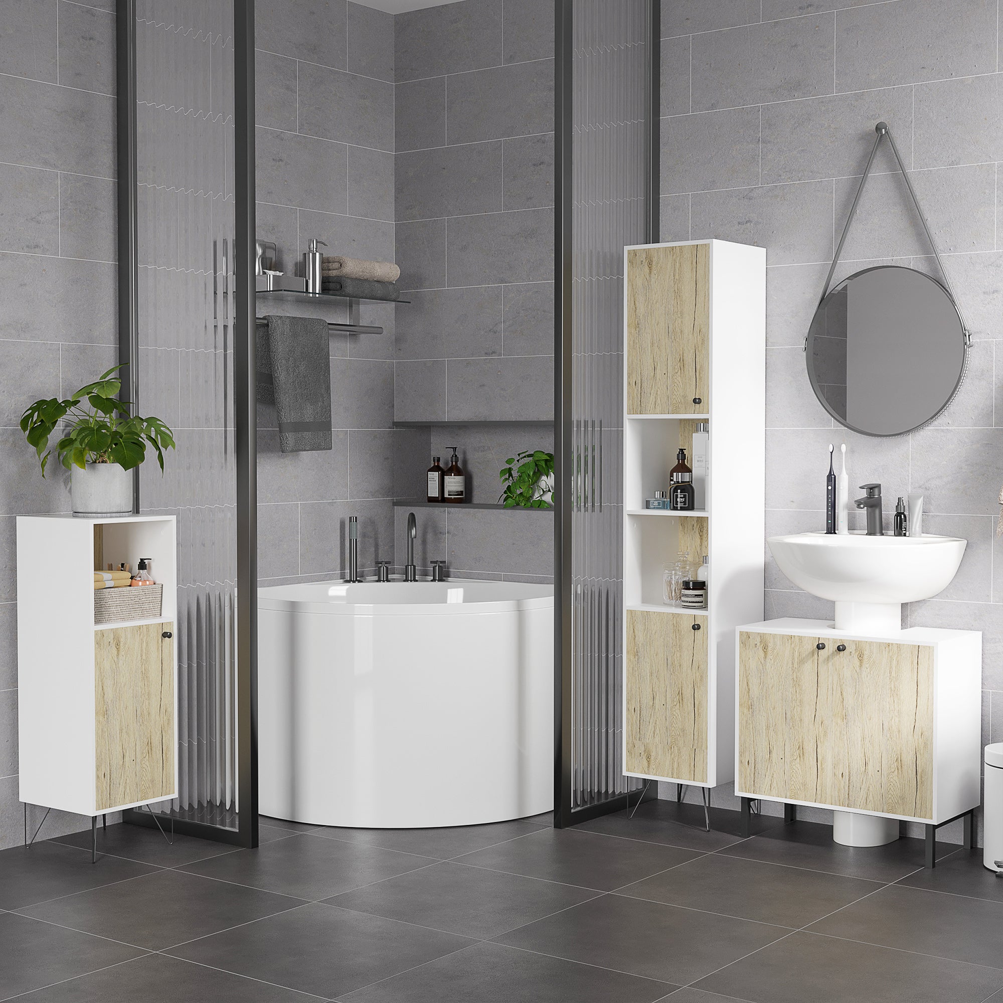 Easycomfort Mobile Bagno with Ripiano Aperto e Armadietto with Anta in Legno, 31.5x30x91cm, Quercia e white