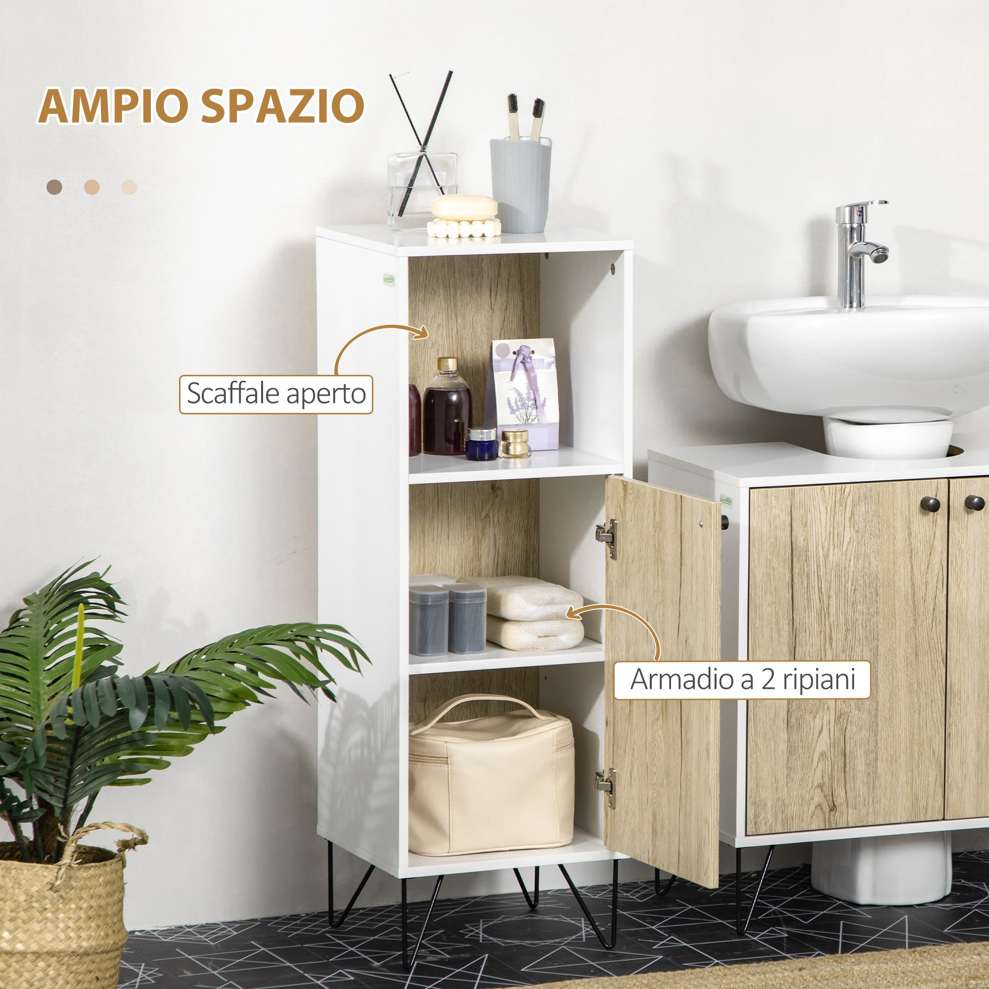 Easycomfort Mobile Bagno with Ripiano Aperto e Armadietto with Anta in Legno, 31.5x30x91cm, Quercia e white