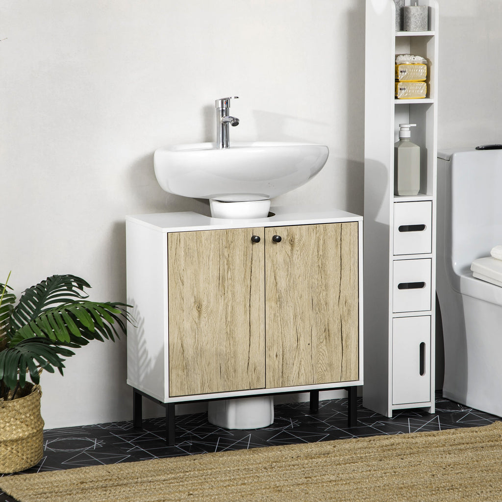 Easycomfort Mobile Bagno Sotto Lavabo a 2 Ante with Ripiano Interno in Truciolato e Acciaio, 60x30x60 cm, white e Rovere