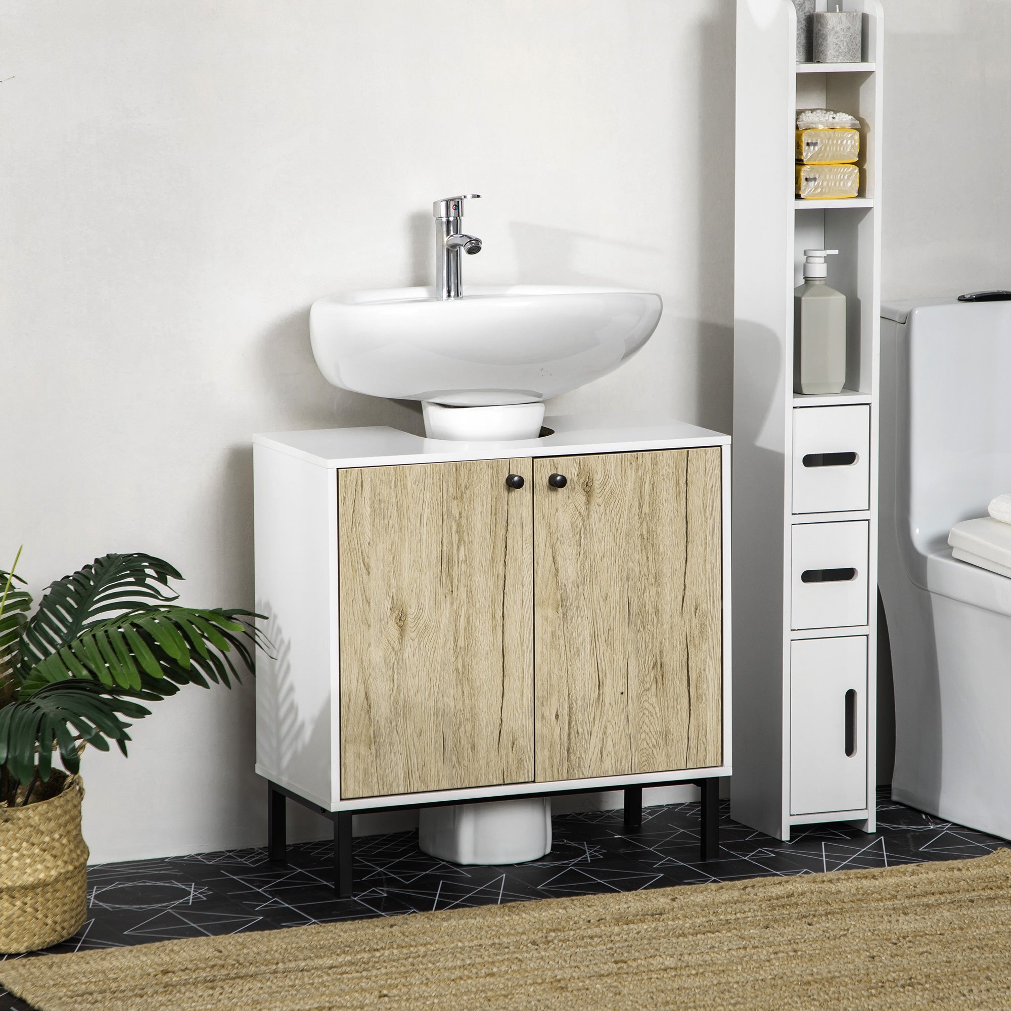 Easycomfort Mobile Bagno Sotto Lavabo a 2 Ante with Ripiano Interno in Truciolato e Acciaio, 60x30x60 cm, white e Rovere