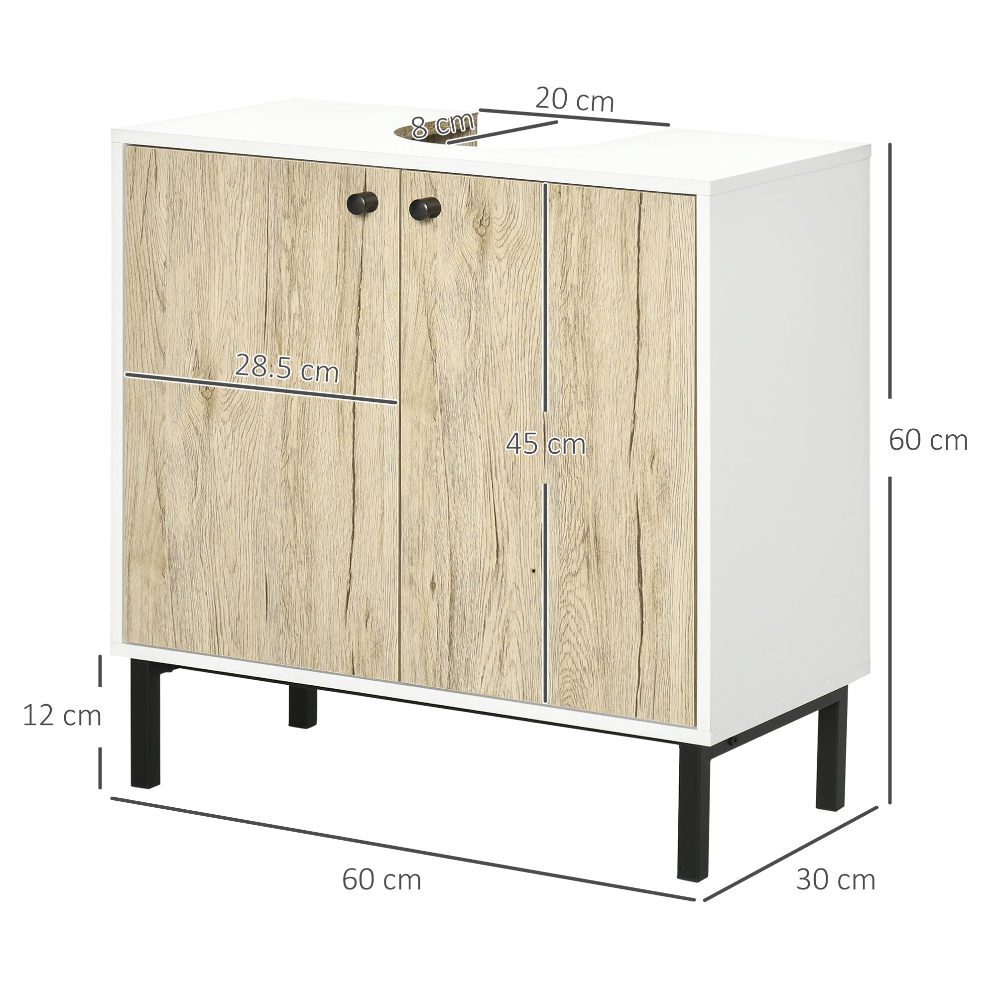 Easycomfort Mobile Bagno Sotto Lavabo a 2 Ante with Ripiano Interno in Truciolato e Acciaio, 60x30x60 cm, white e Rovere