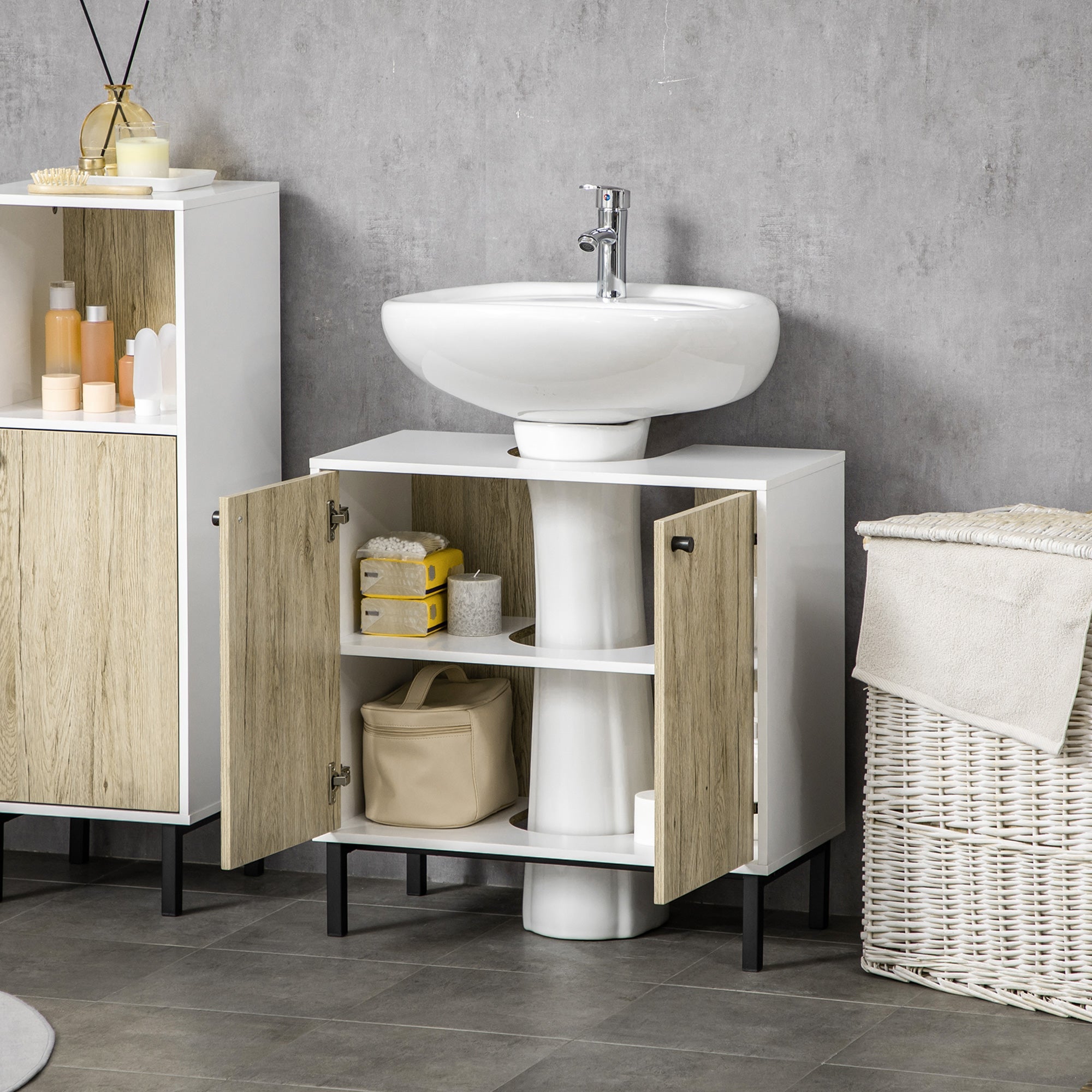Easycomfort Mobile Bagno Sotto Lavabo a 2 Ante with Ripiano Interno in Truciolato e Acciaio, 60x30x60 cm, white e Rovere
