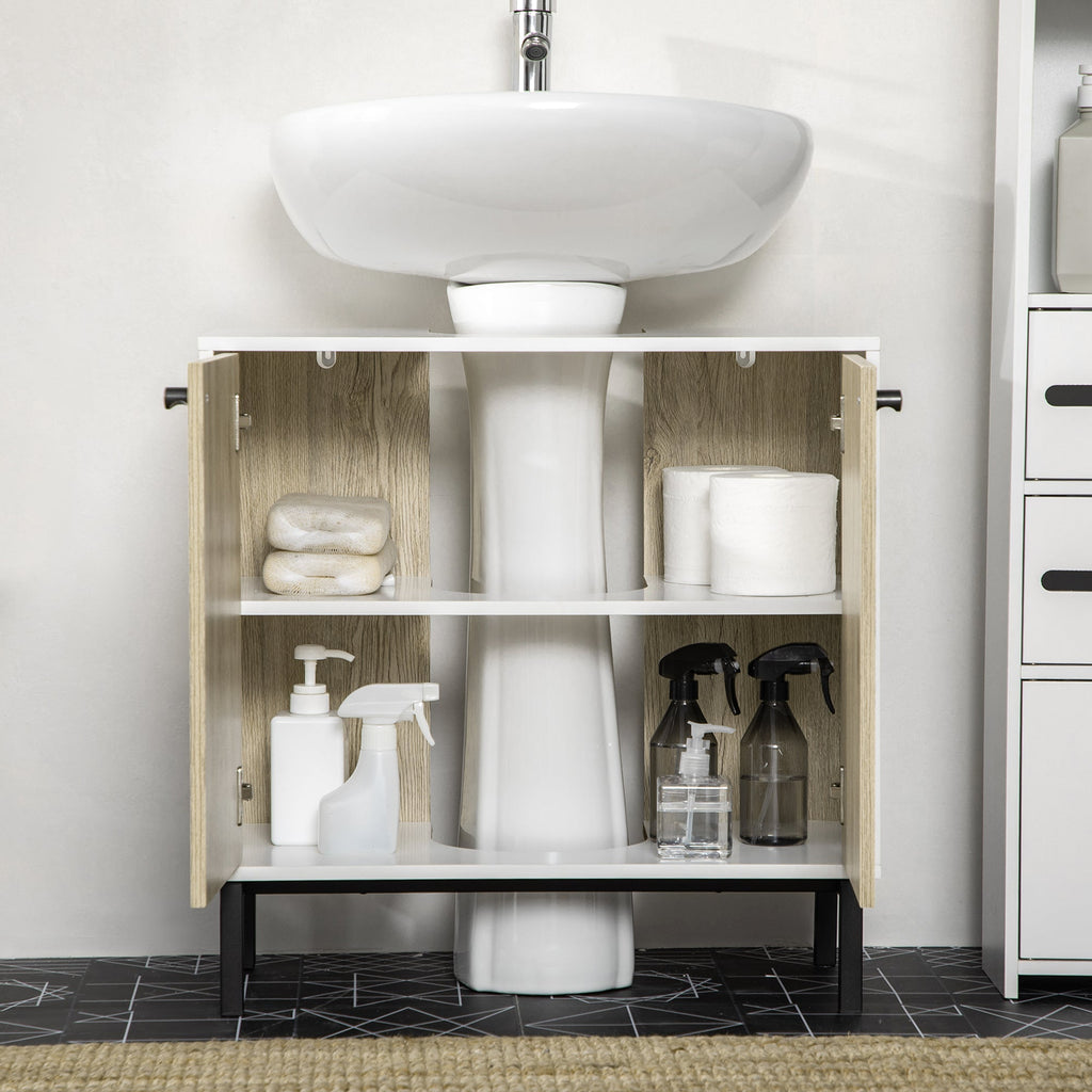 Easycomfort Mobile Bagno Sotto Lavabo a 2 Ante with Ripiano Interno in Truciolato e Acciaio, 60x30x60 cm, white e Rovere