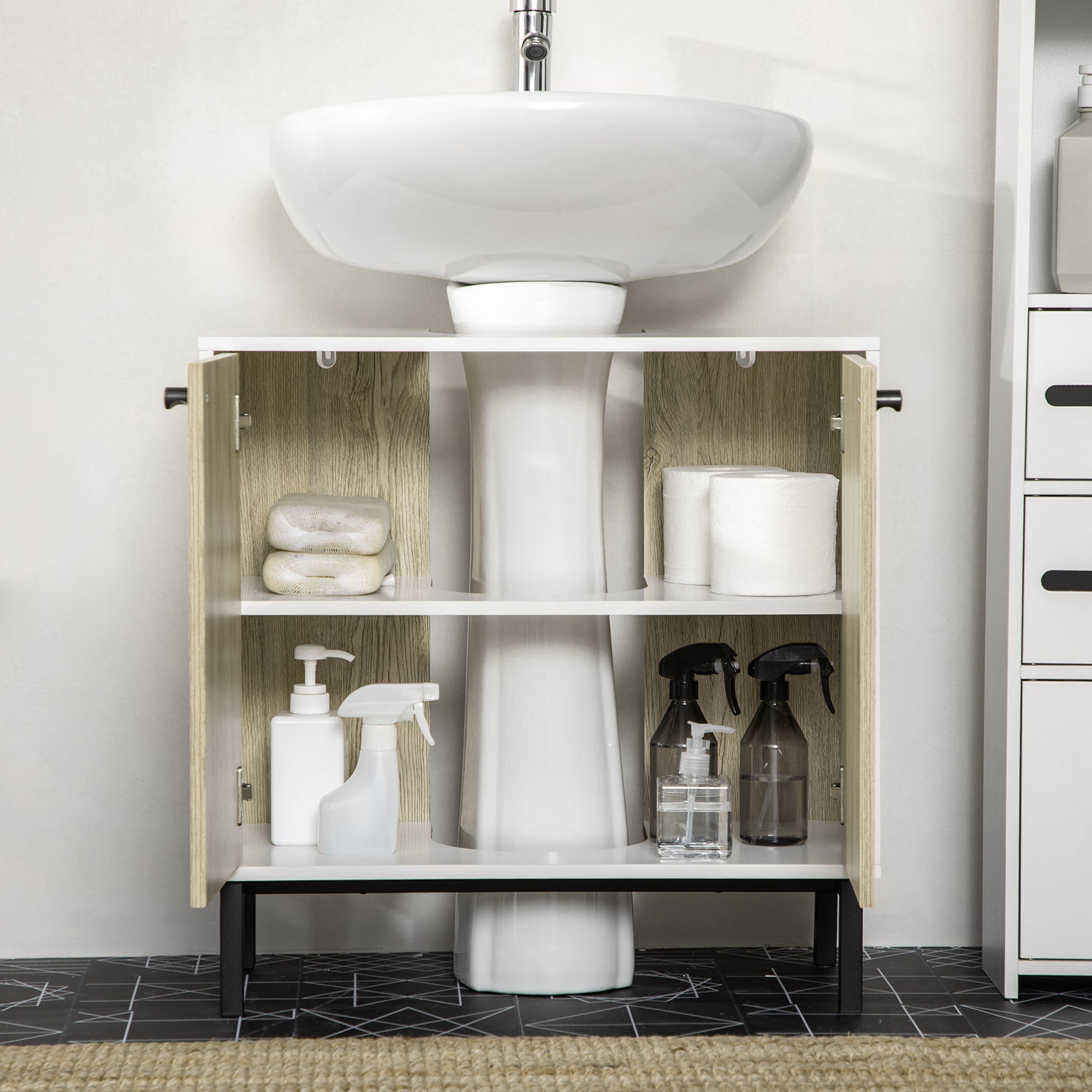 Easycomfort Mobile Bagno Sotto Lavabo a 2 Ante with Ripiano Interno in Truciolato e Acciaio, 60x30x60 cm, white e Rovere