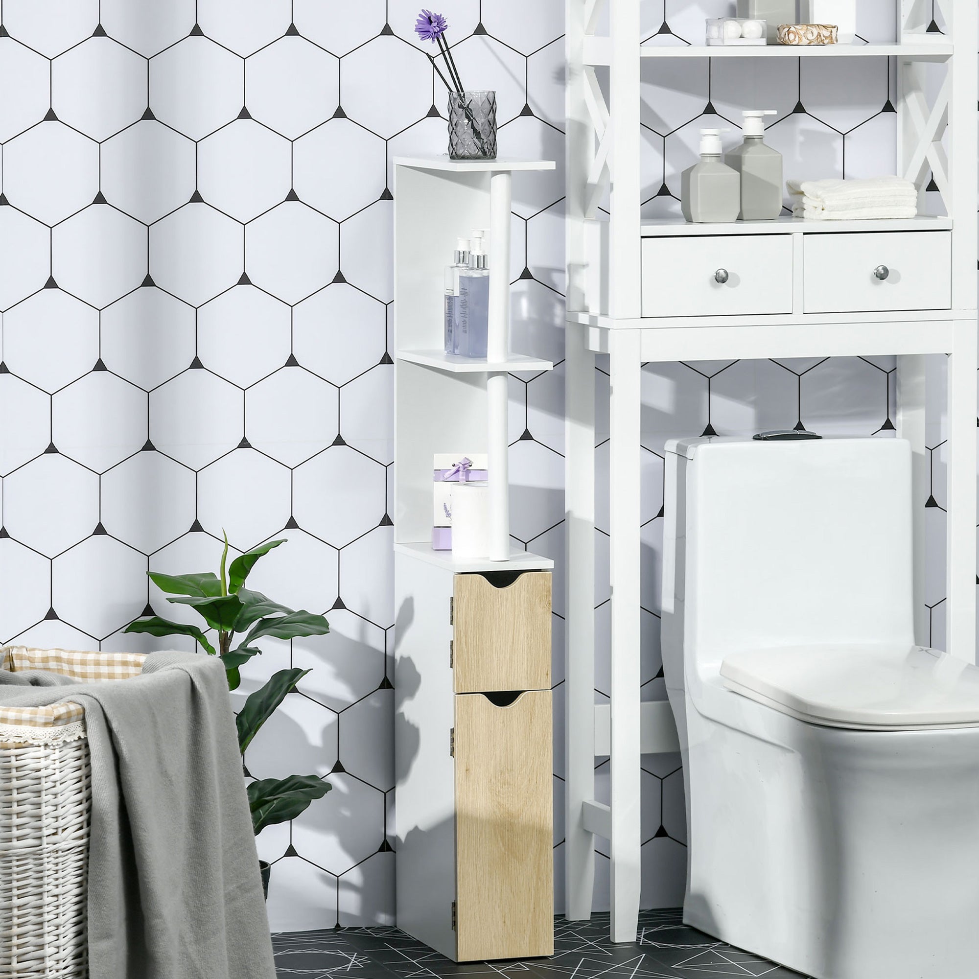 Easycomfort Colonna Bagno with 2 Ripiani e 2 Armadietti, Mobile Alto Salvaspazio 15.2x29.8x118 cm, white e color Legno