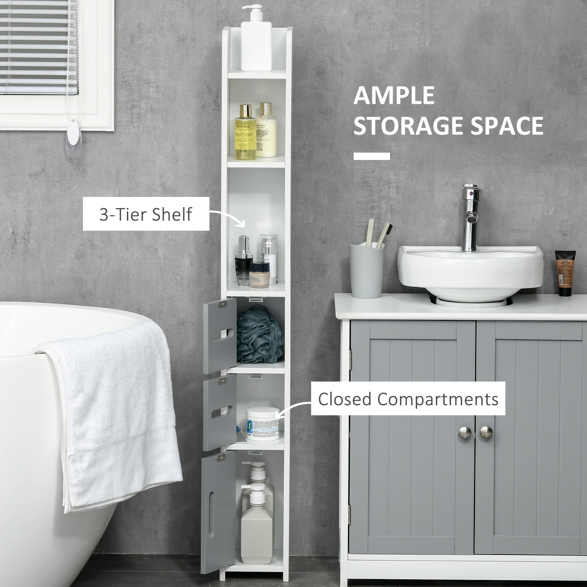 Easycomfort Colonna Bagno with Mensole e Armadietti, Mobile Alto Salvaspazio in Legno 15x17x120cm, white e Grigio