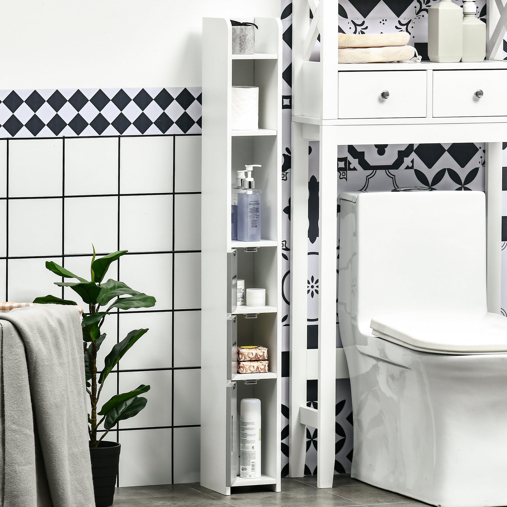 Easycomfort Colonna Bagno with Mensole e Armadietti, Mobile Alto Salvaspazio in Legno 15x17x120cm, white e Grigio
