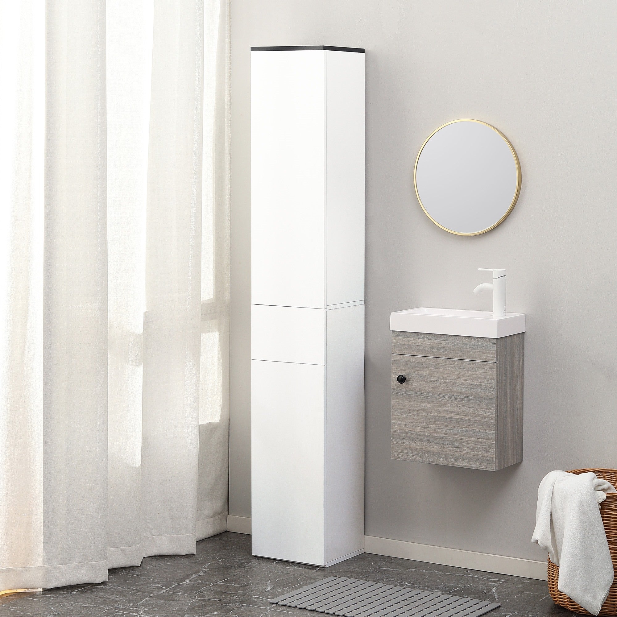 Easycomfort Mobile Bagno with Ripiano Regolabile, 2 Ripiani Chiusi e un Cassetto in Legno, 30x28x180 cm, white