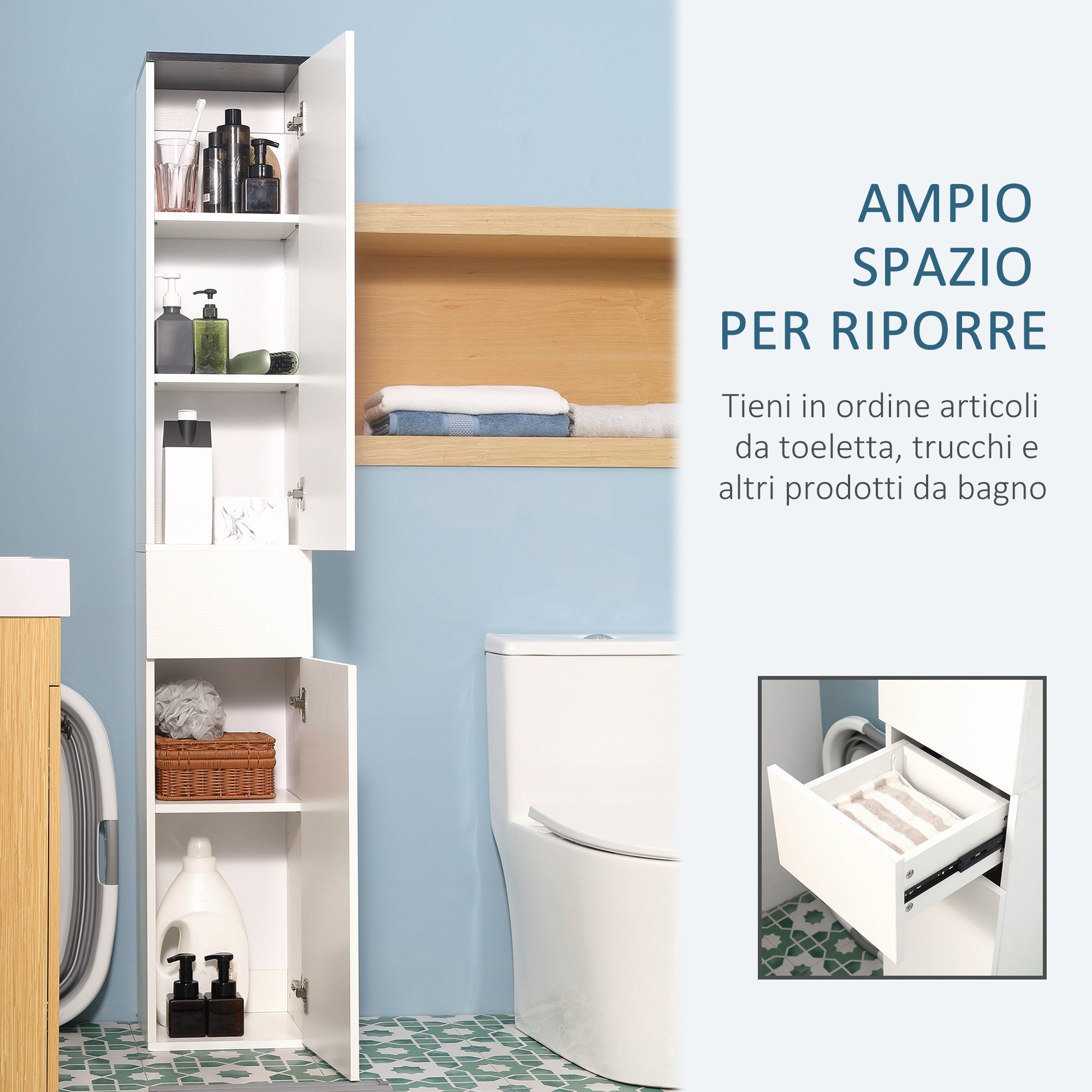 Easycomfort Mobile Bagno with Ripiano Regolabile, 2 Ripiani Chiusi e un Cassetto in Legno, 30x28x180 cm, white