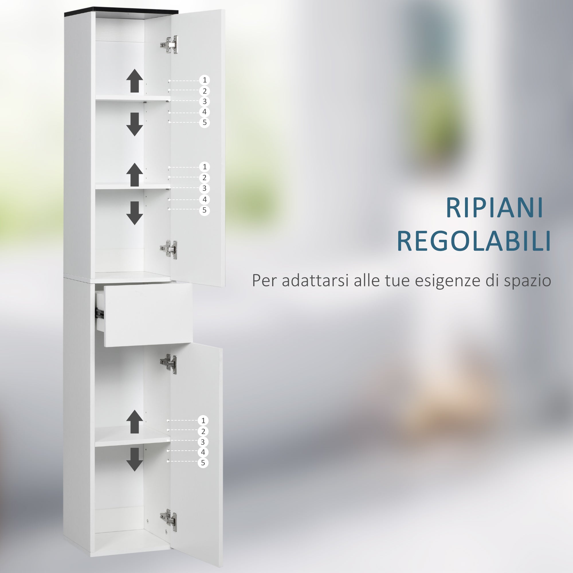 Easycomfort Mobile Bagno with Ripiano Regolabile, 2 Ripiani Chiusi e un Cassetto in Legno, 30x28x180 cm, white