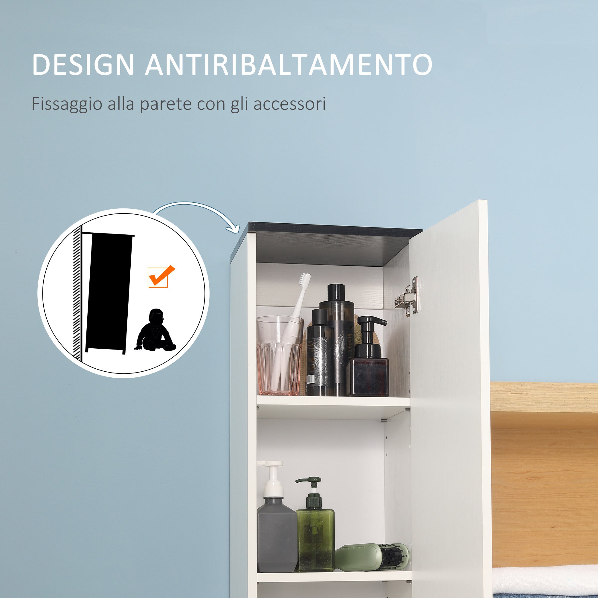 Easycomfort Mobile Bagno with Ripiano Regolabile, 2 Ripiani Chiusi e un Cassetto in Legno, 30x28x180 cm, white