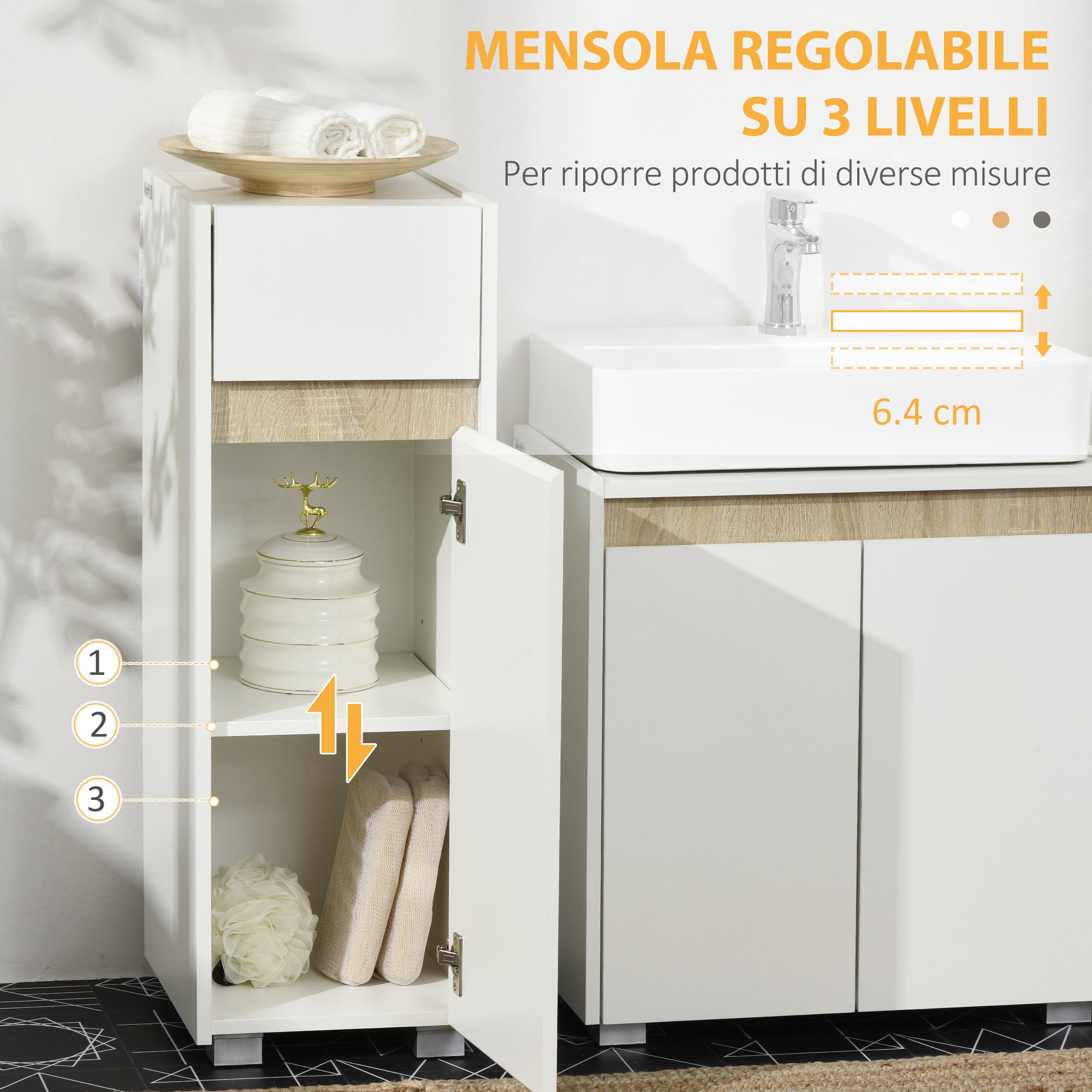 Easycomfort Mobiletto Bagno with Cassetto e Armadietto with Mensola Regolabile in Legno 30x33x88cm, white