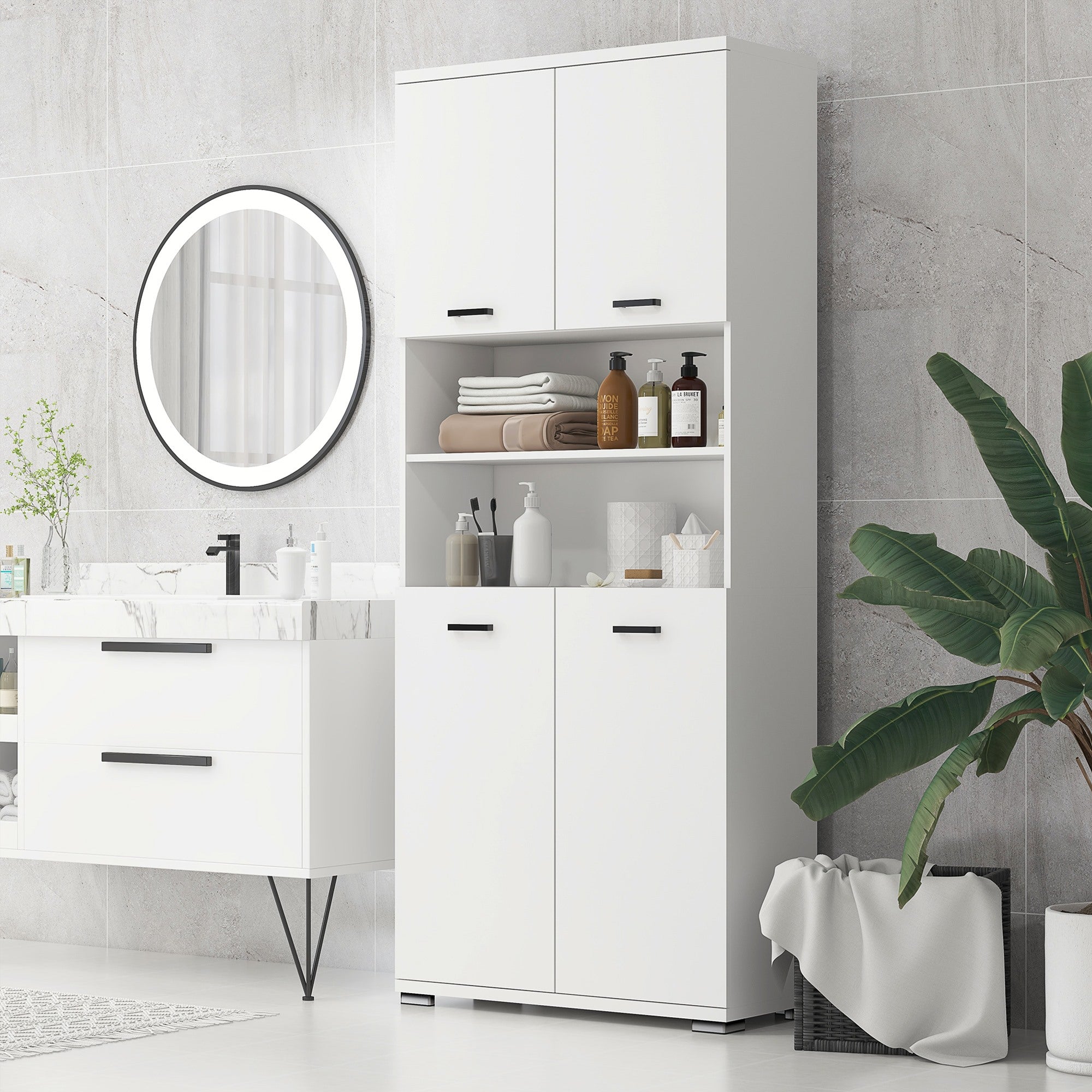Easycomfort Mobile Bagno in Truciolato white with 2 Armadietti with Ante e 2 Ripiani Aperti, 80x33.5x190 cm