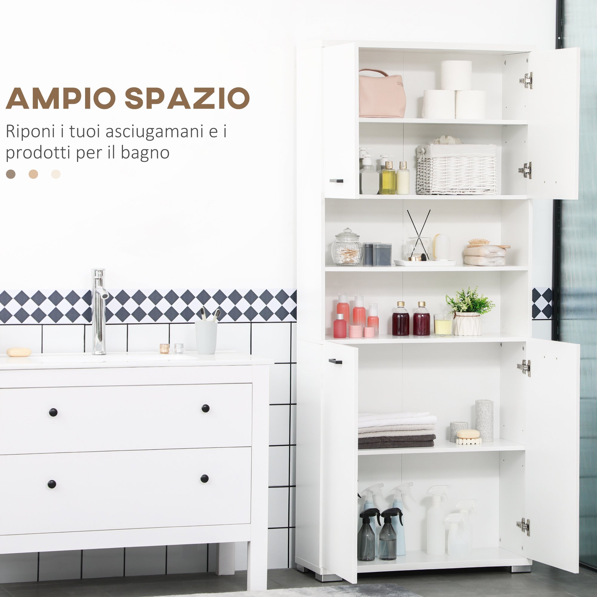 Easycomfort Mobile Bagno in Truciolato white with 2 Armadietti with Ante e 2 Ripiani Aperti, 80x33.5x190 cm