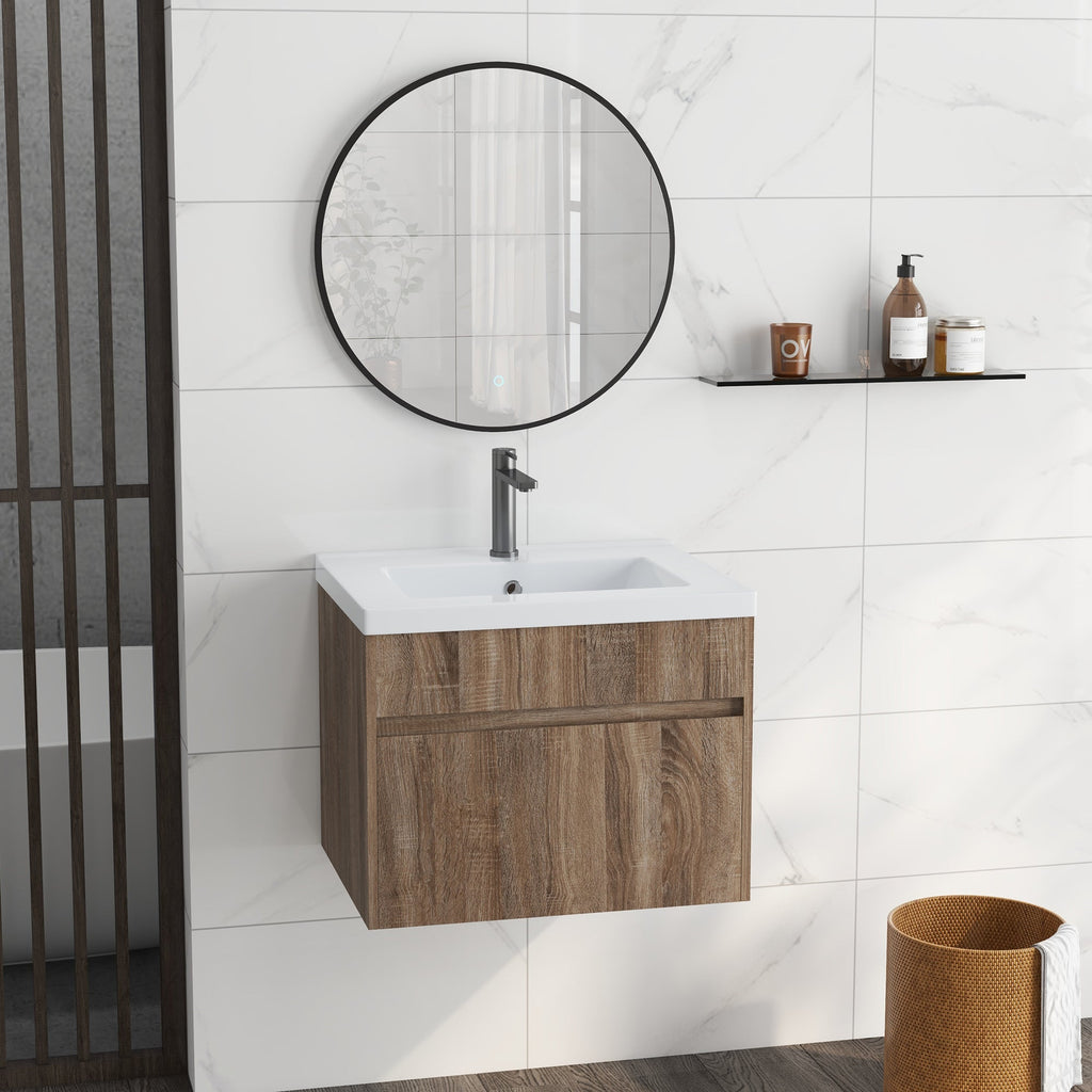 EasyComfort Mobile Lavabo da 60cm with Cassetto in Legno e Lavandino in Ceramica, Marrone Chiaro