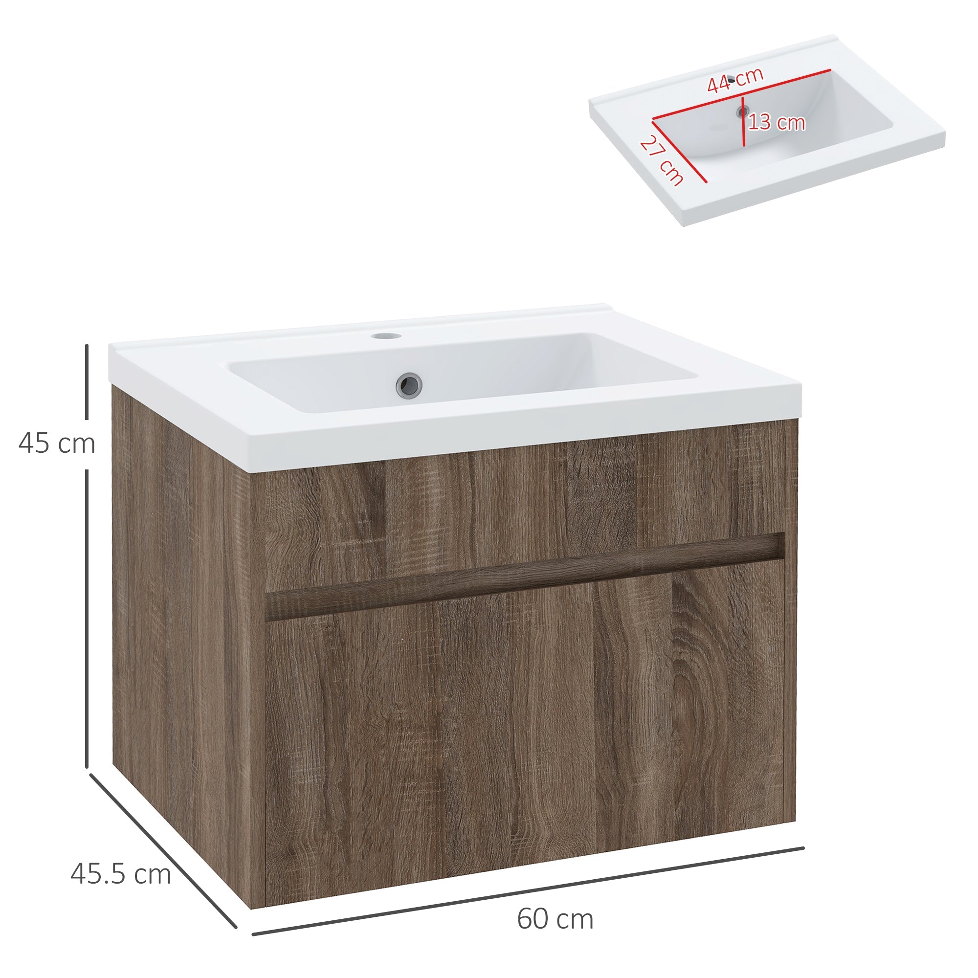 EasyComfort Mobile Lavabo da 60cm with Cassetto in Legno e Lavandino in Ceramica, Marrone Chiaro