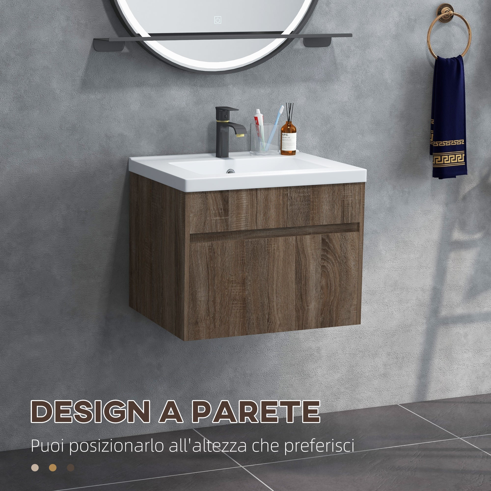 EasyComfort Mobile Lavabo da 60cm with Cassetto in Legno e Lavandino in Ceramica, Marrone Chiaro