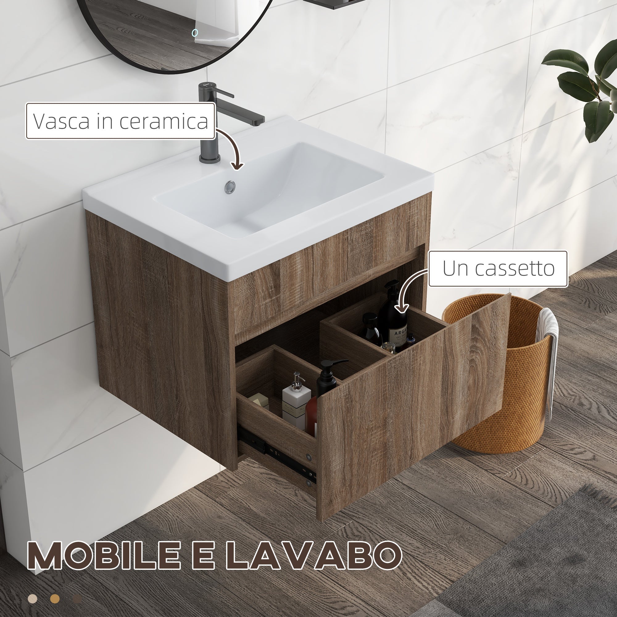 EasyComfort Mobile Lavabo da 60cm with Cassetto in Legno e Lavandino in Ceramica, Marrone Chiaro