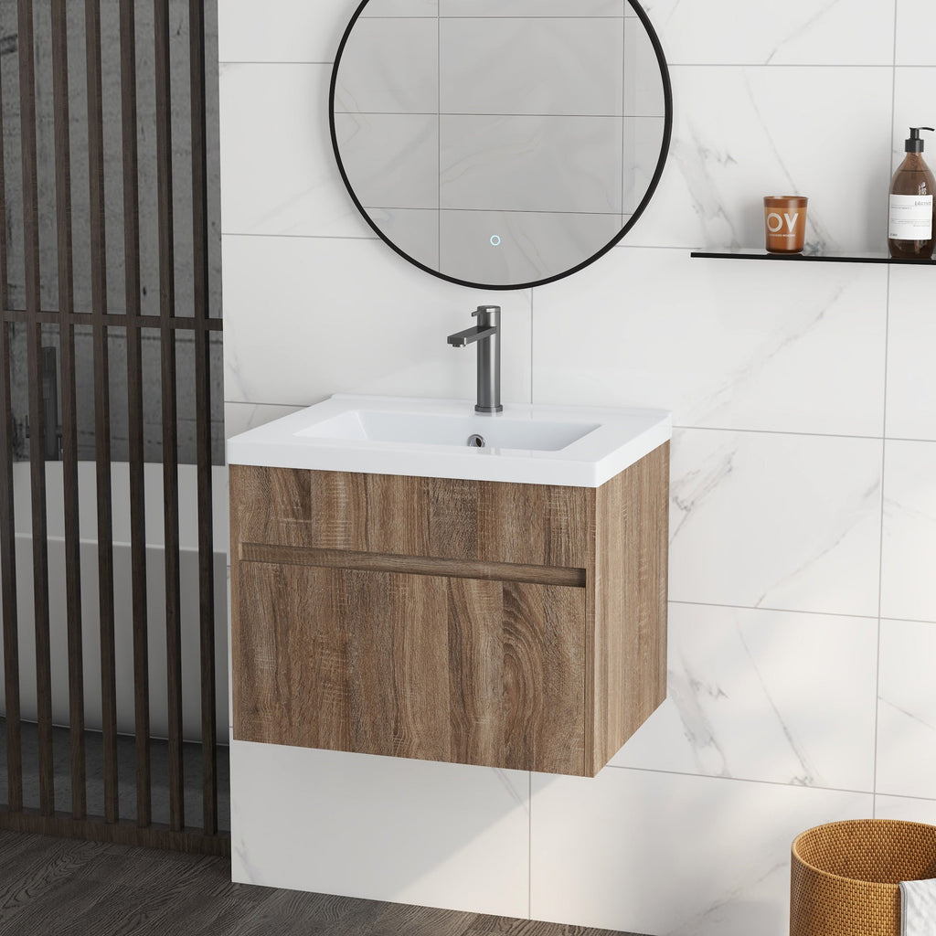 EasyComfort Mobile Lavabo da 60cm with Cassetto in Legno e Lavandino in Ceramica, Marrone Chiaro