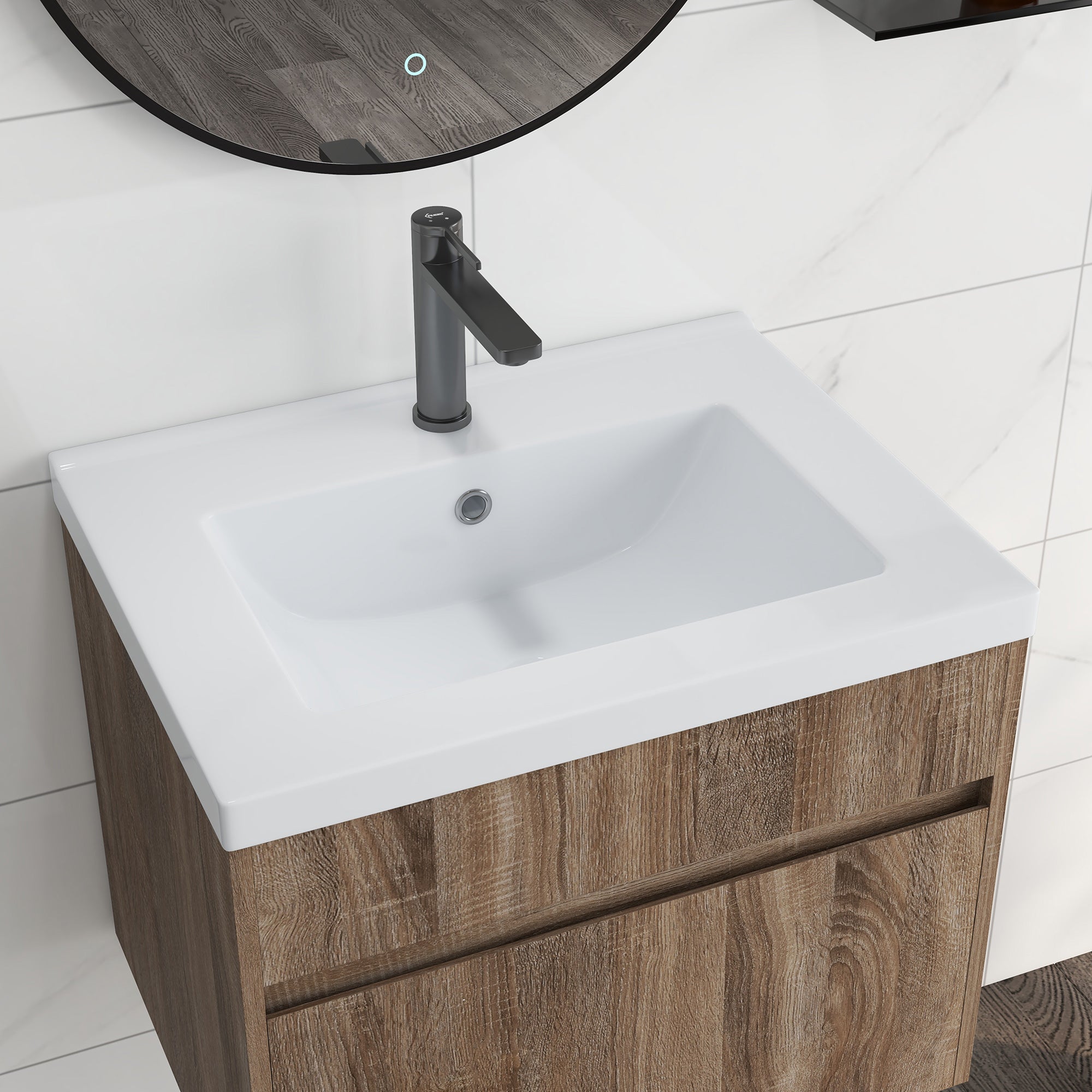 EasyComfort Mobile Lavabo da 60cm with Cassetto in Legno e Lavandino in Ceramica, Marrone Chiaro