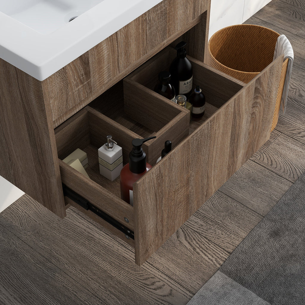 EasyComfort Mobile Lavabo da 60cm with Cassetto in Legno e Lavandino in Ceramica, Marrone Chiaro