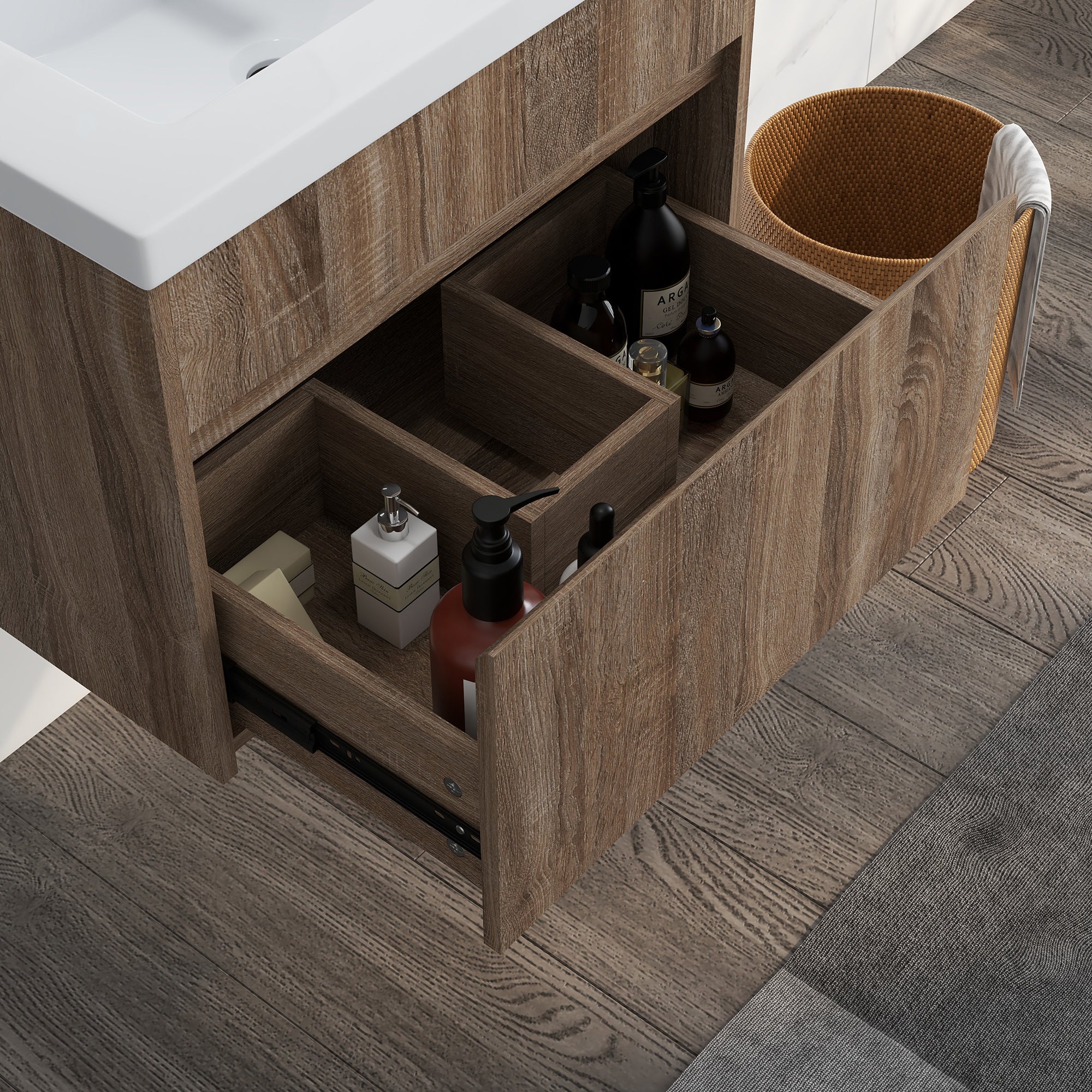EasyComfort Mobile Lavabo da 60cm with Cassetto in Legno e Lavandino in Ceramica, Marrone Chiaro