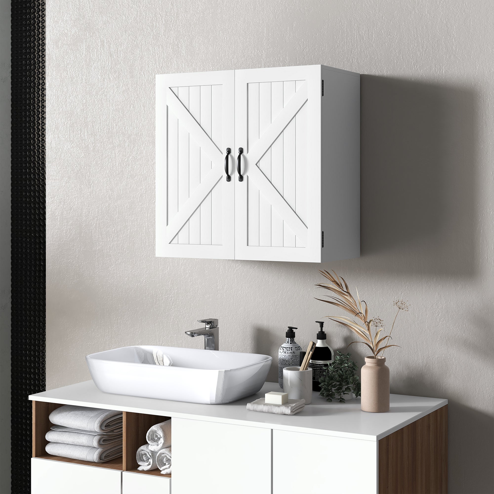 Easycomfort Armadietto Pensile Bagno in Legno Stile Country with Ripiano Regolabile, 60x30x60cm, white