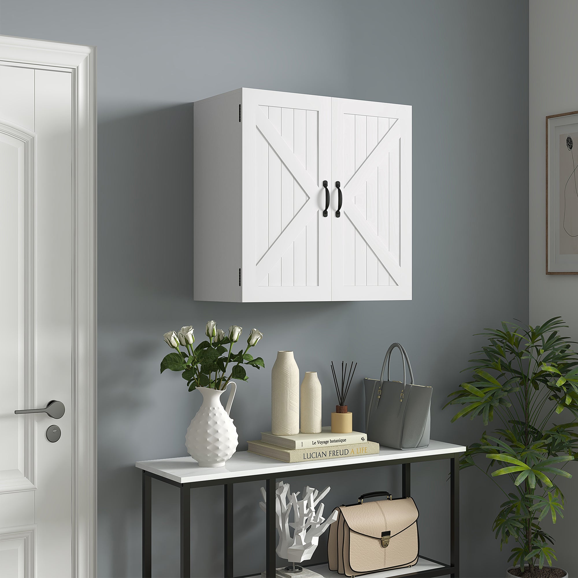 Easycomfort Armadietto Pensile Bagno in Legno Stile Country with Ripiano Regolabile, 60x30x60cm, white