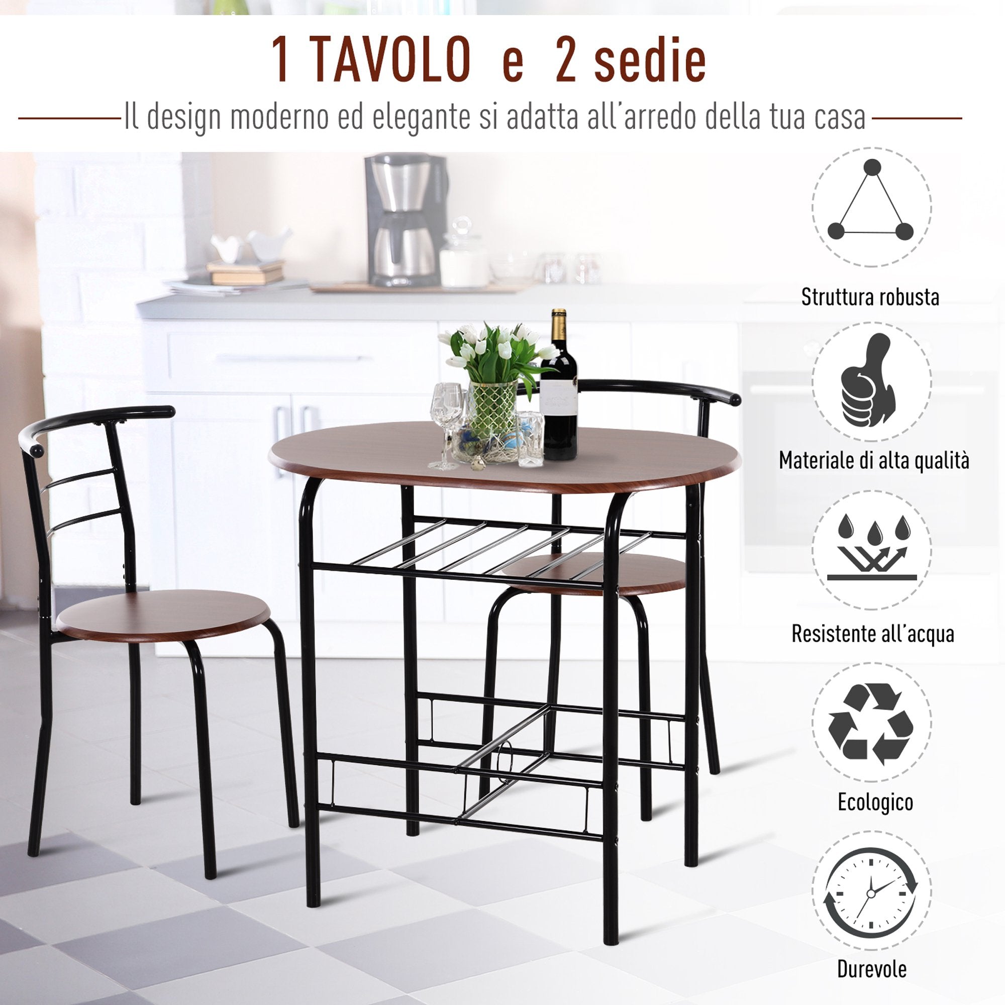 Easycomfort Set Tavolo Moderno with 2 Sedie per Sala da Pranzo, Set 3 Pezzi Mobili Salvaspazio da Cucina, Balcone, Ristorante o Bar, Marrone e black