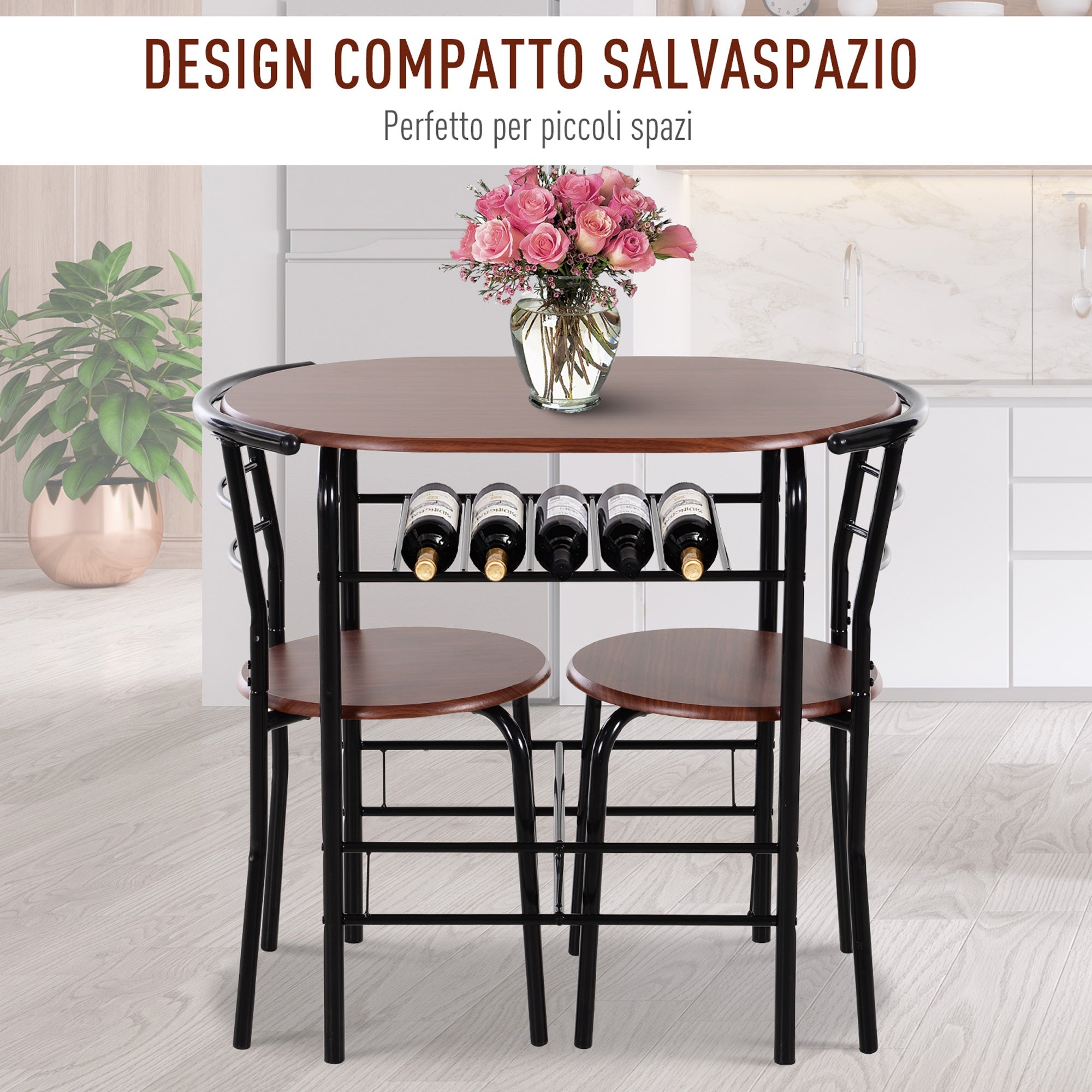 Easycomfort Set Tavolo Moderno with 2 Sedie per Sala da Pranzo, Set 3 Pezzi Mobili Salvaspazio da Cucina, Balcone, Ristorante o Bar, Marrone e black